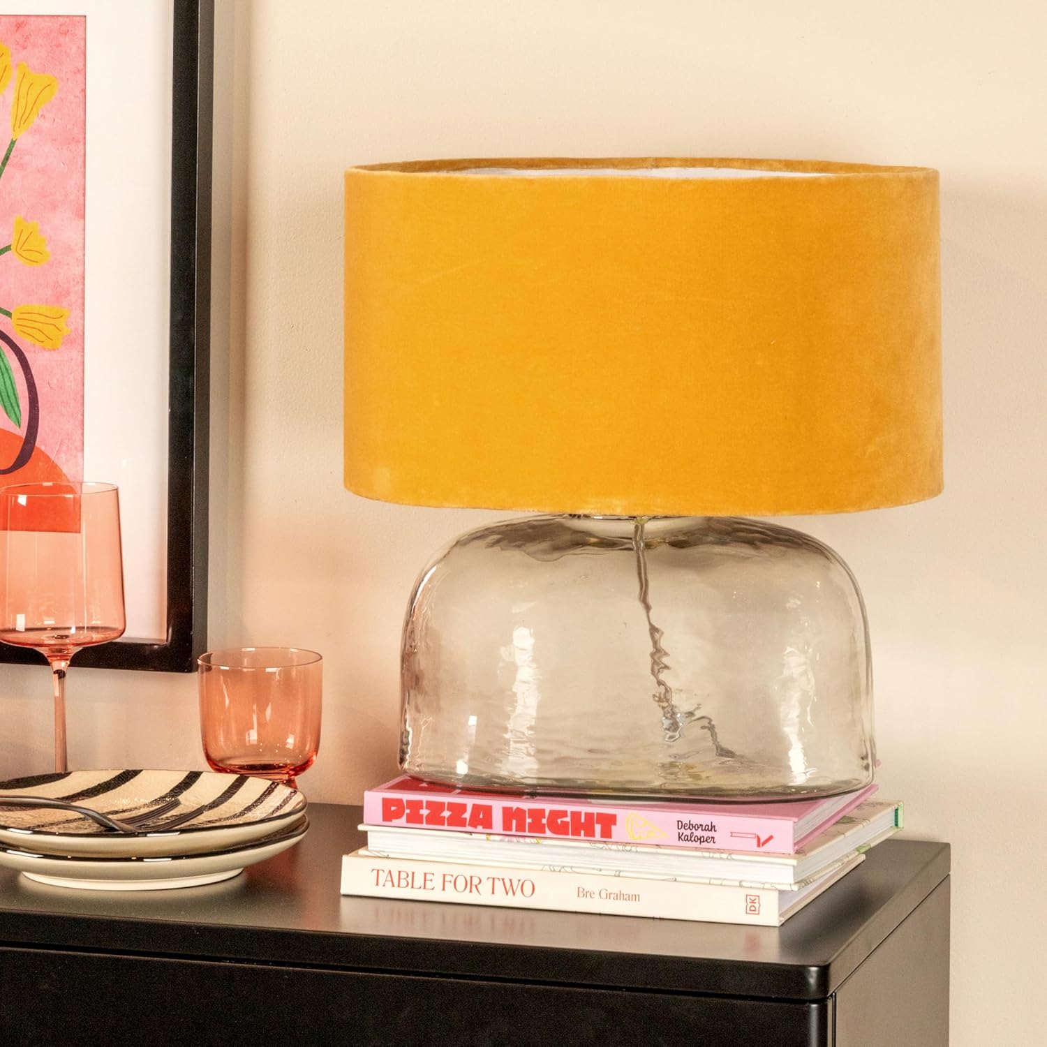 Creative CoOp Modern Table Lamp with Glass Base and Velvet Shade Mustard Yellow
