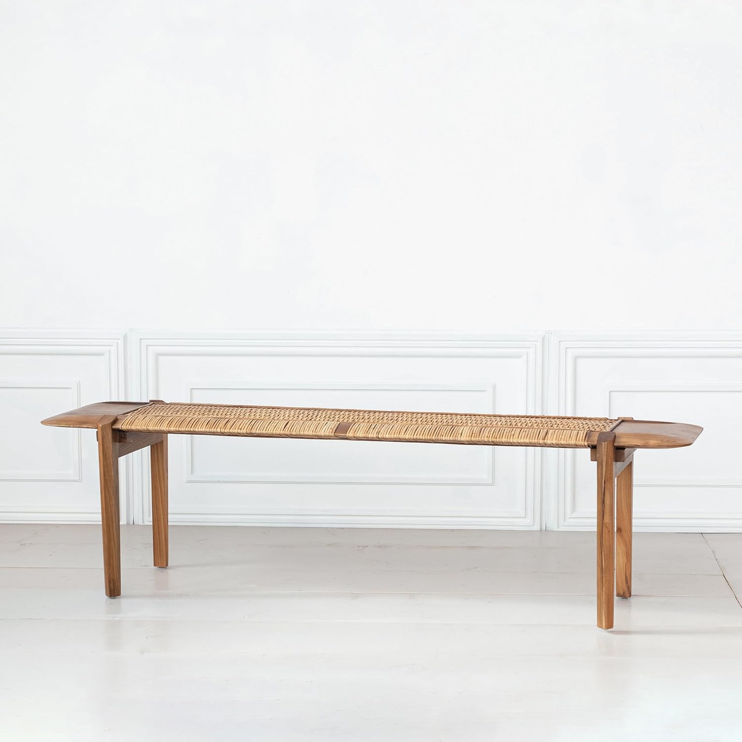Creative CoOp Natural Long Teakwood and Rattan Bench