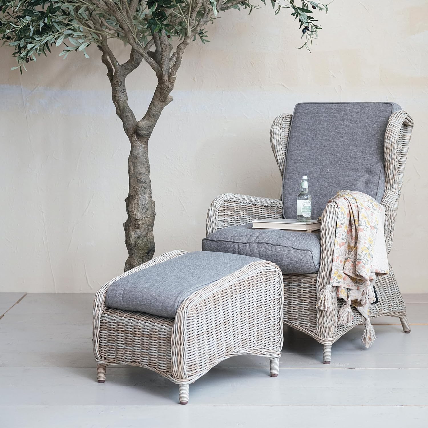 Creative CoOp Natural Wicker and Aluminum Accent Chair with Ottoman Grey