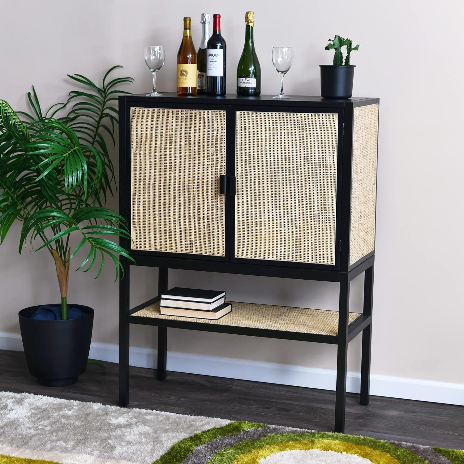 Creative CoOp Pine Wood Natural Rattan Details Cabinet GreyBlack