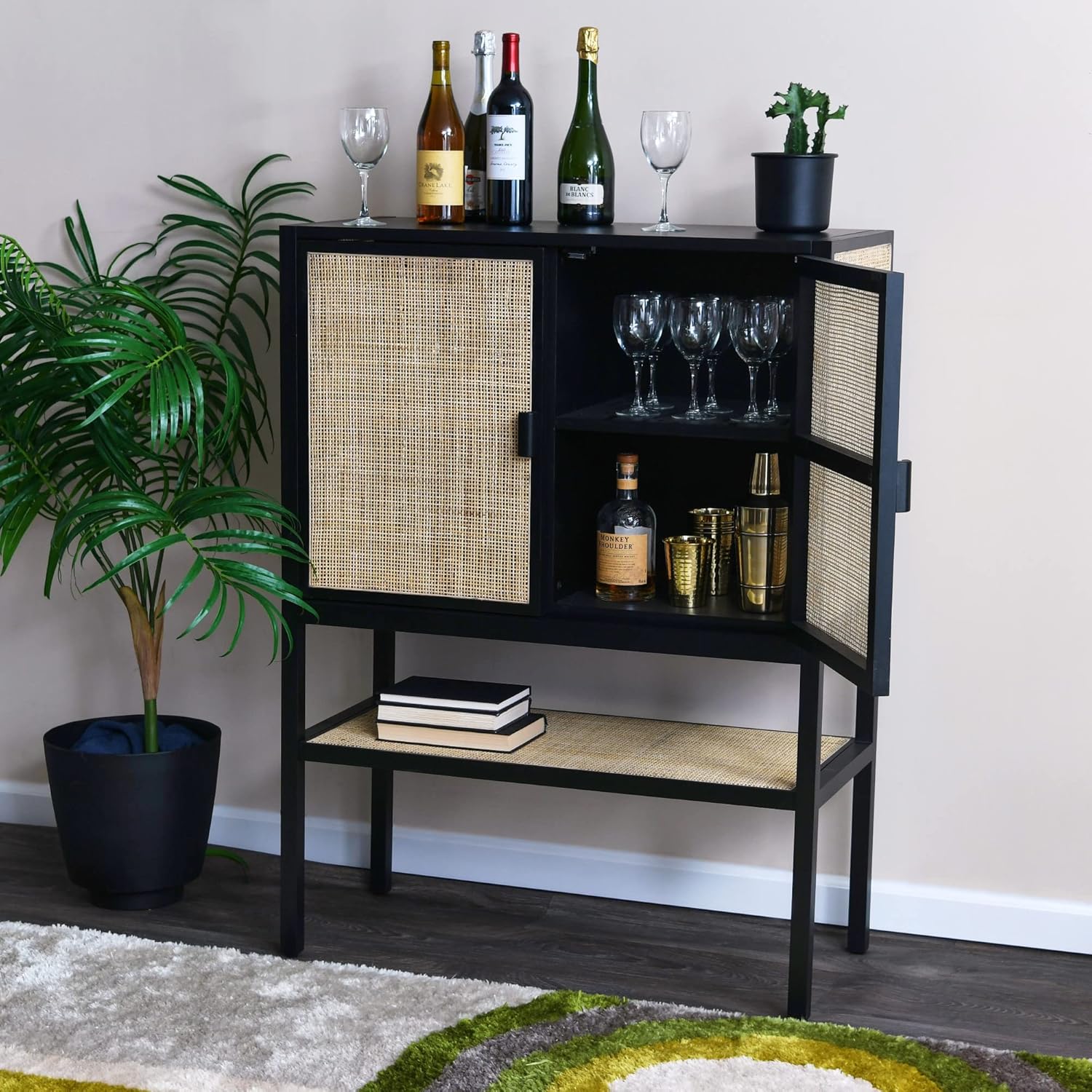 Creative CoOp Pine Wood Natural Rattan Details Cabinet GreyBlack