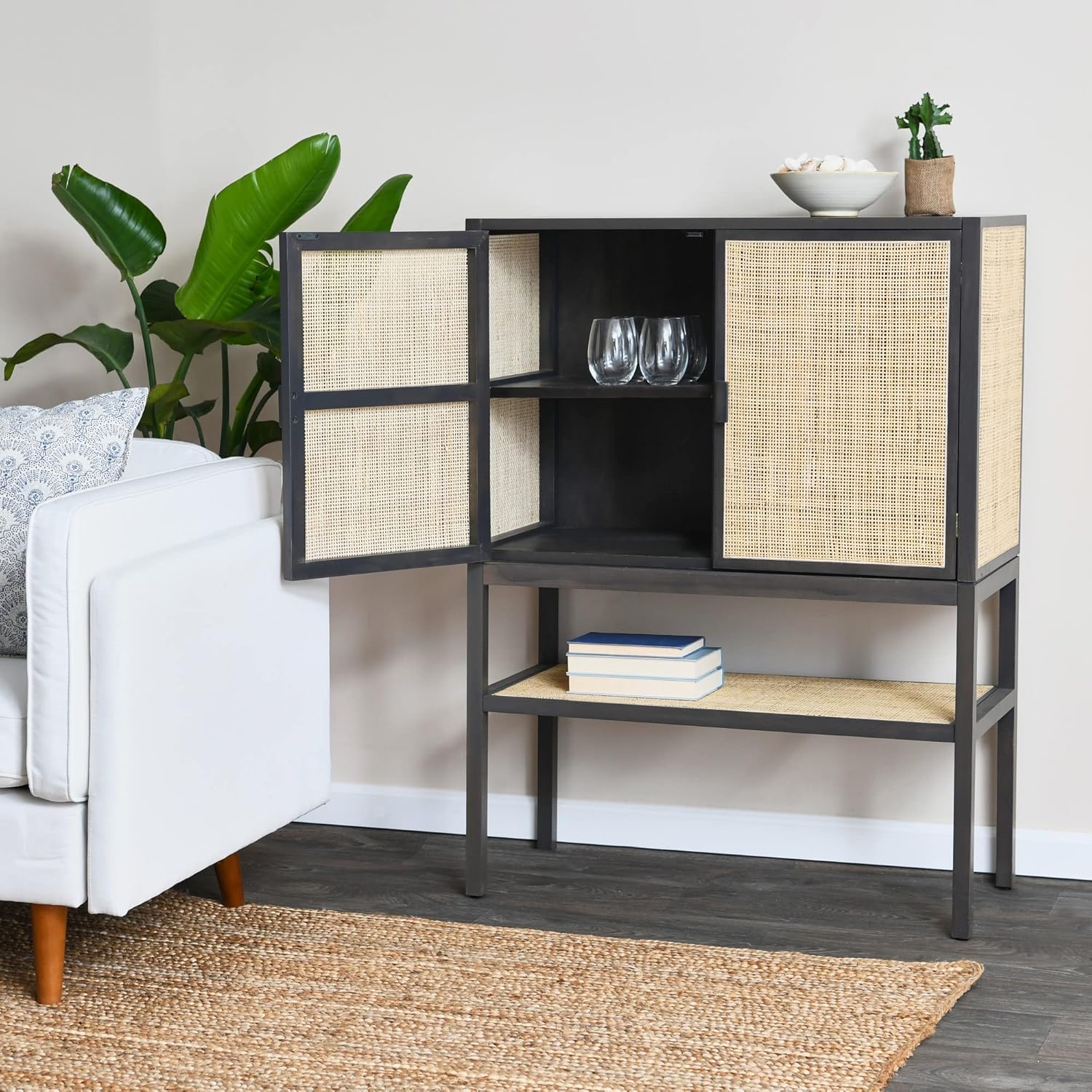 Creative CoOp Pine Wood Natural Rattan Details Cabinet GreyGrey