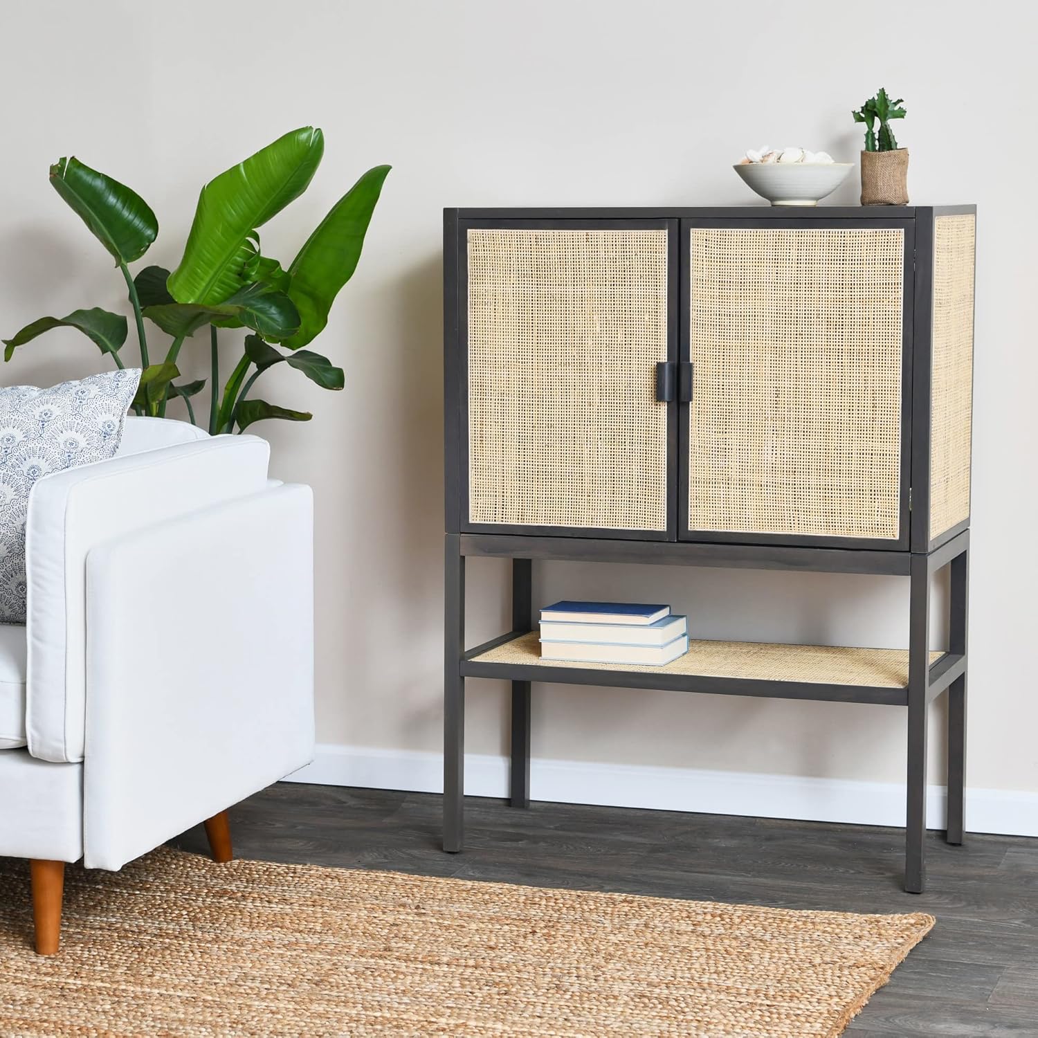 Creative CoOp Pine Wood Natural Rattan Details Cabinet GreyGrey