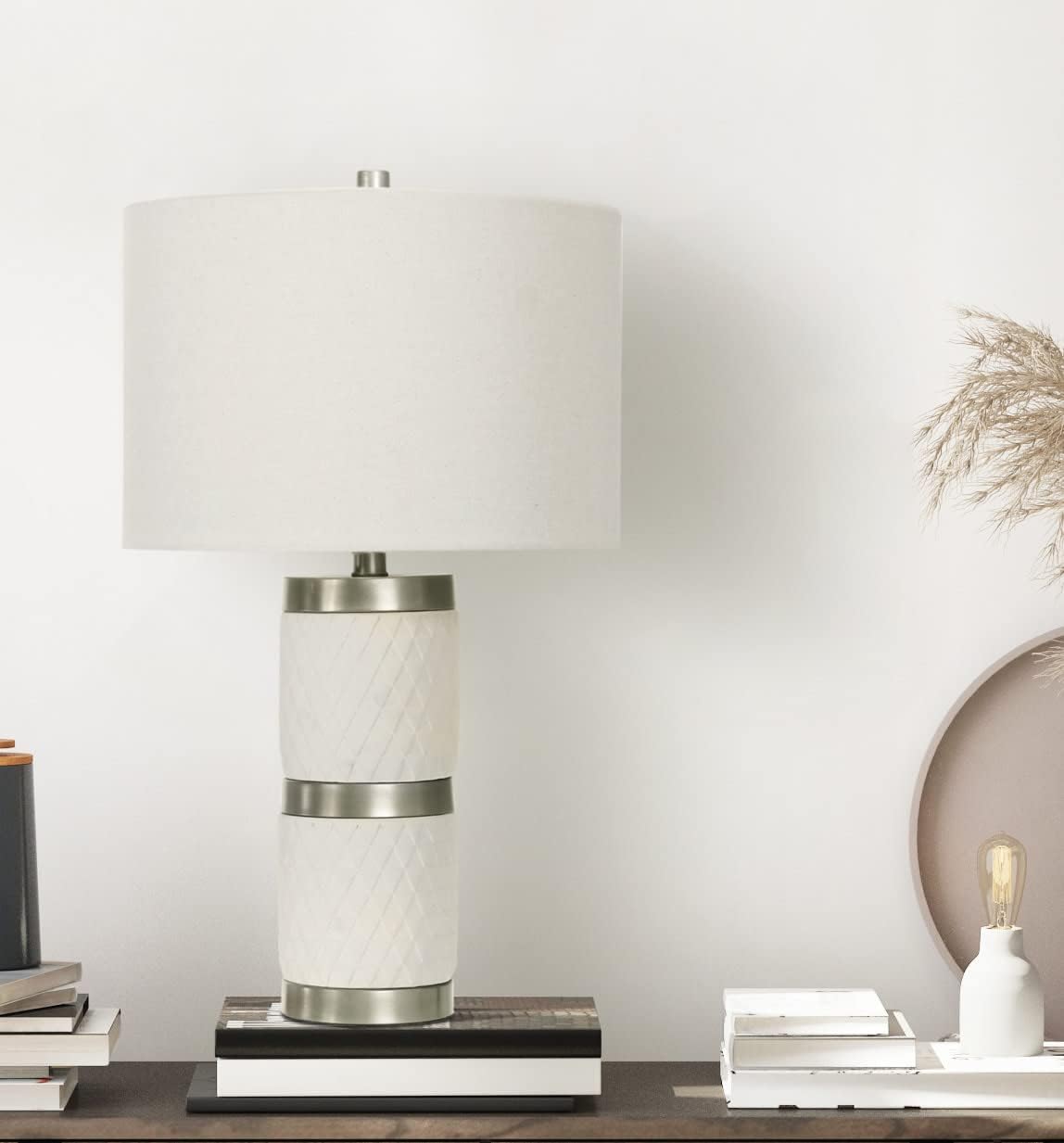Creative CoOp Raw Concrete Imprinted Diamond Design and Metal Accents Table Lamp GreyLight Gray