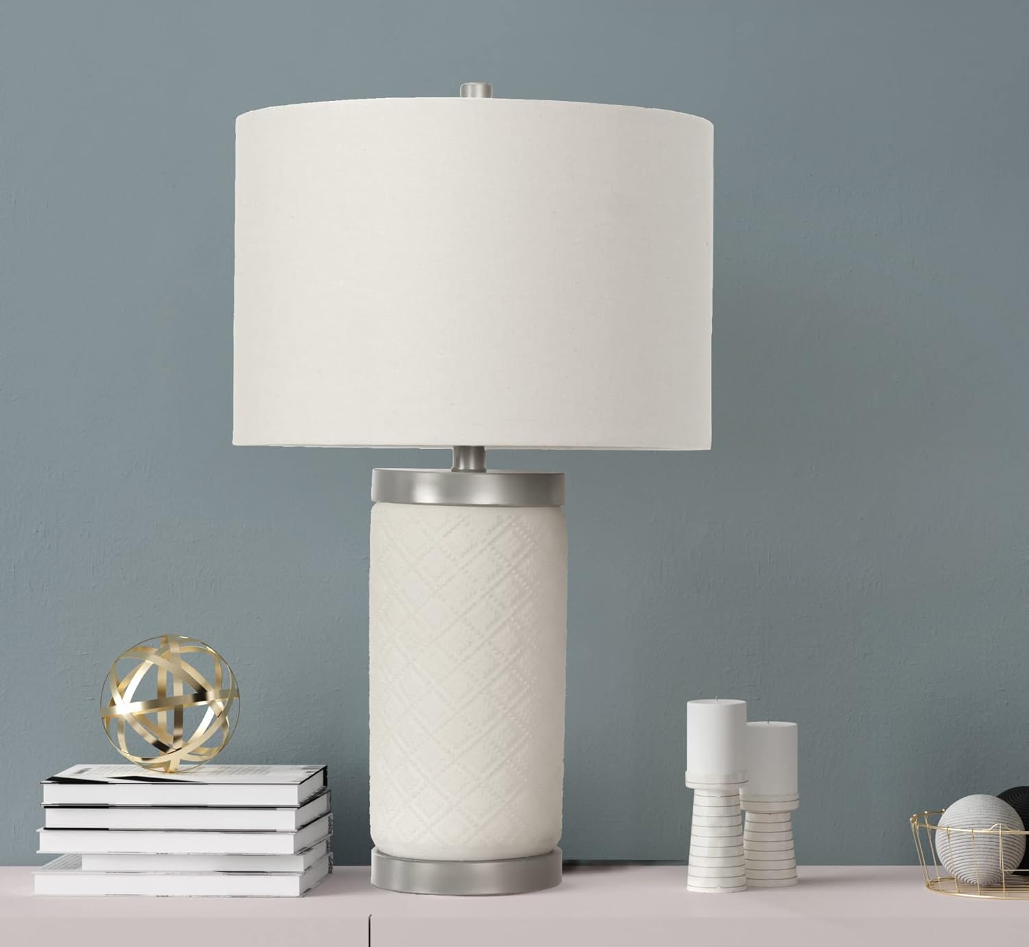 Creative CoOp Raw Concrete Imprinted Diamond Design and Metal Accents Table Lamp GreyLight Gray