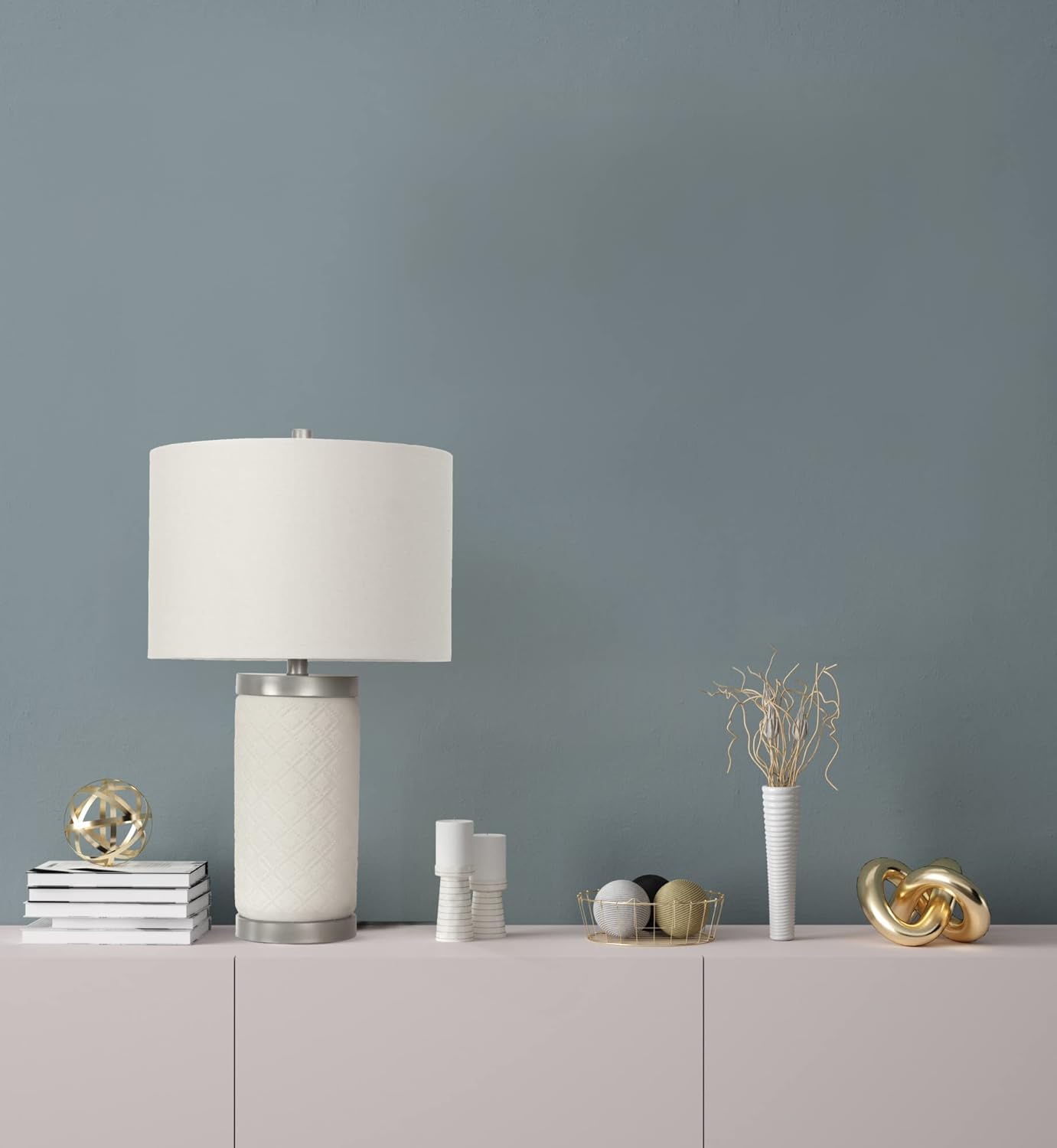 Creative CoOp Raw Concrete Imprinted Diamond Design and Metal Accents Table Lamp GreyLight Gray