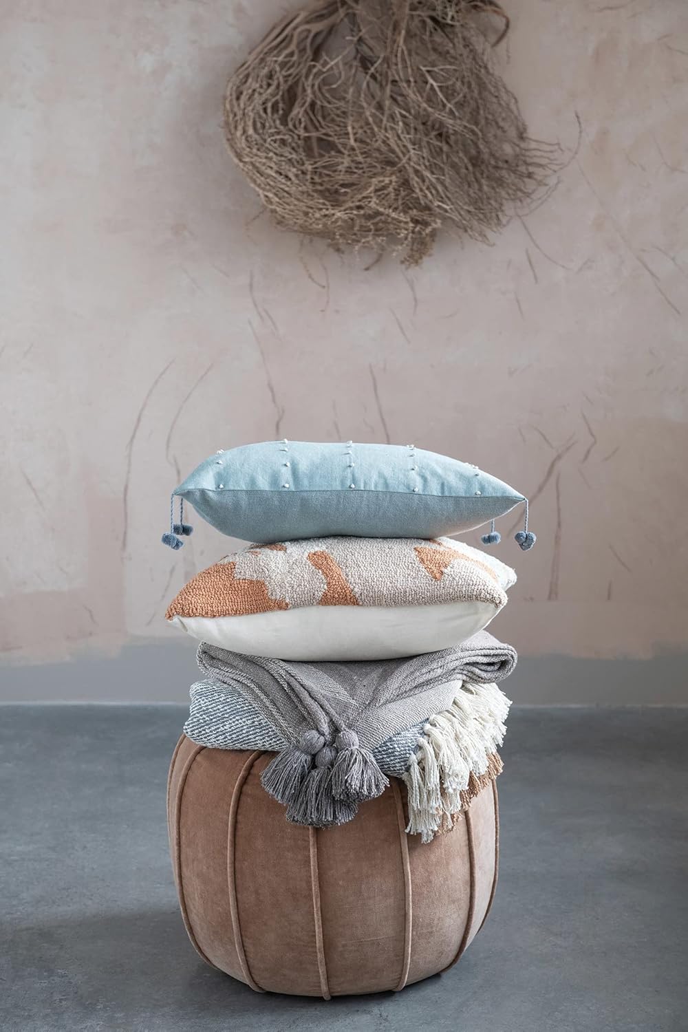 Creative CoOp Round Cotton Velvet Pouf Sand