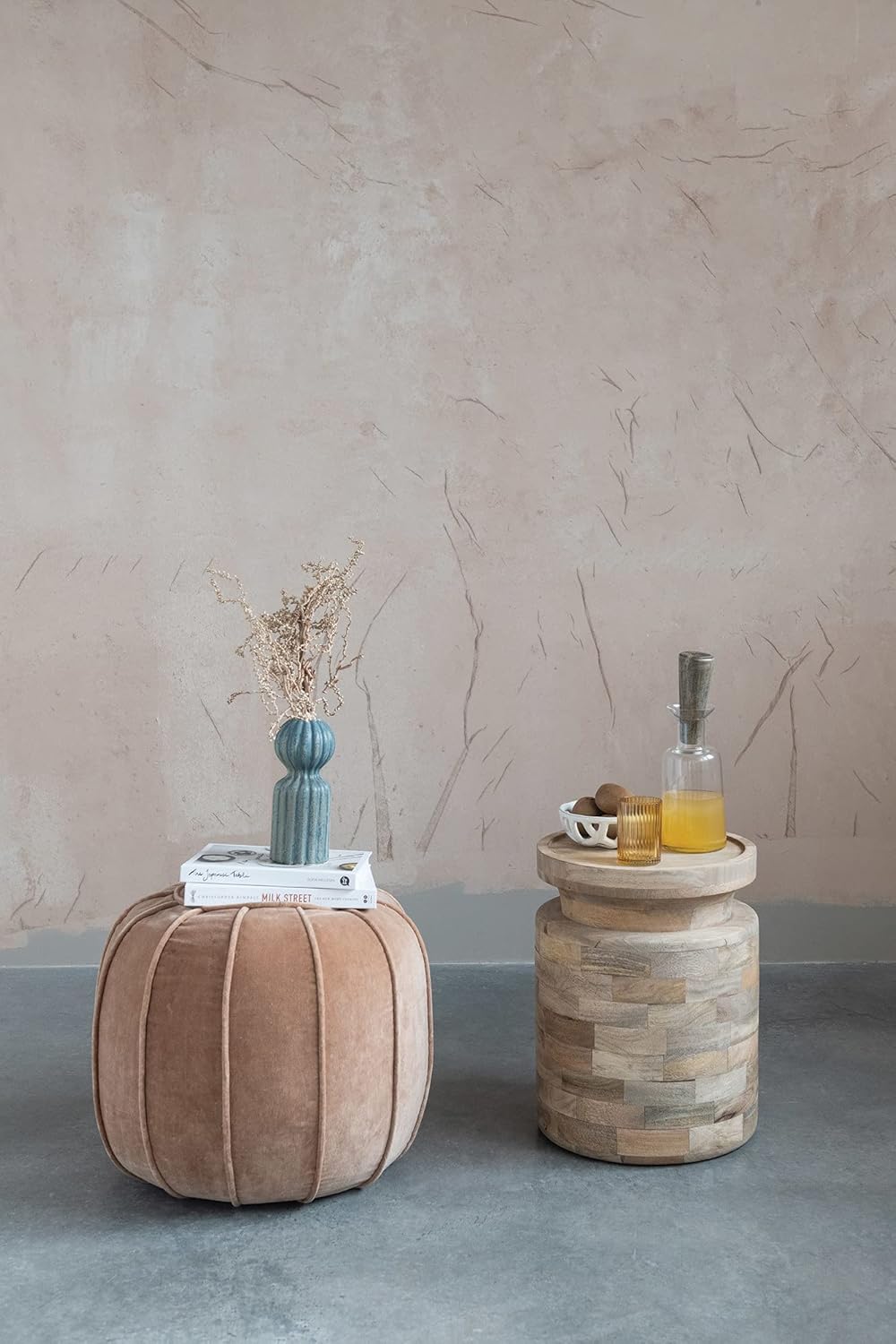 Creative CoOp Round Cotton Velvet Pouf Sand