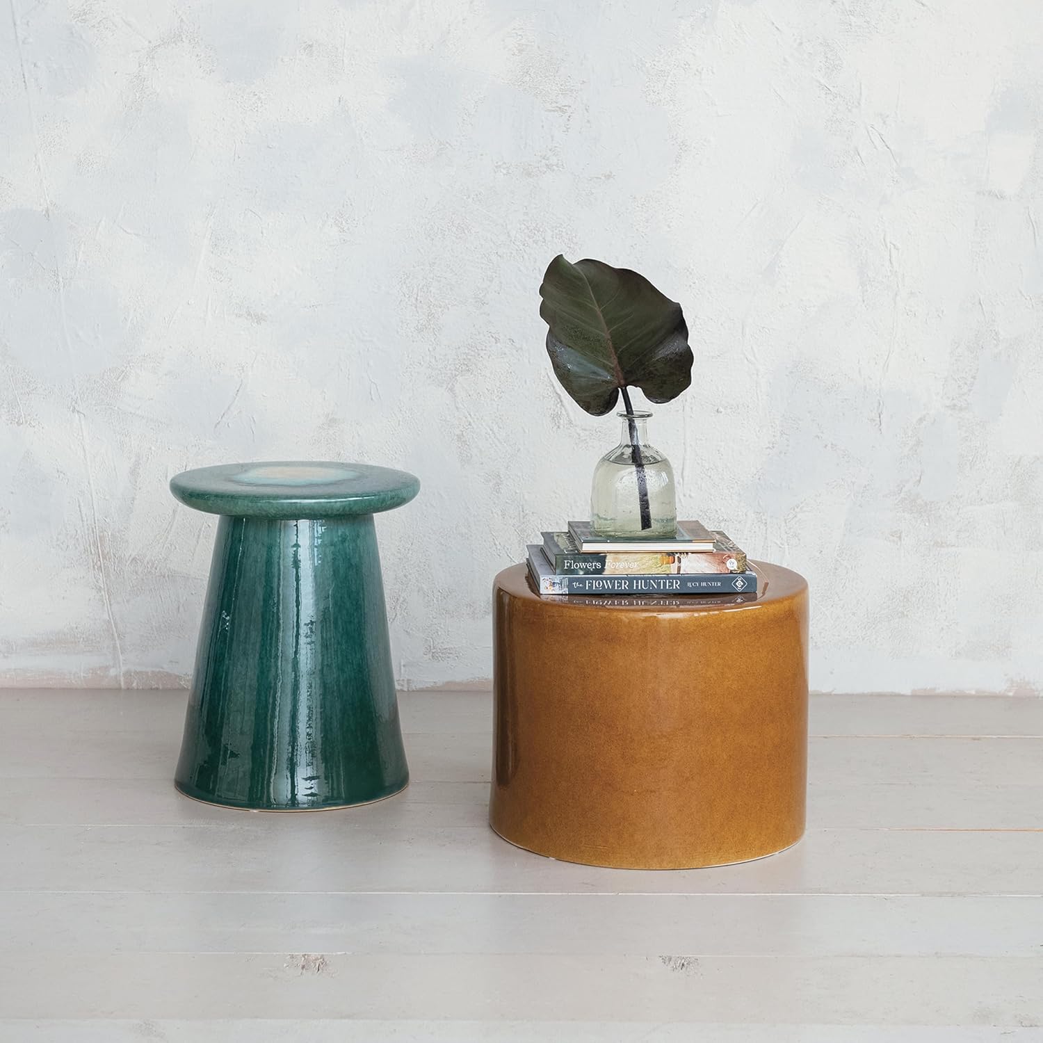 Creative CoOp Round Reactive Glaze Stoneware Stool Teal