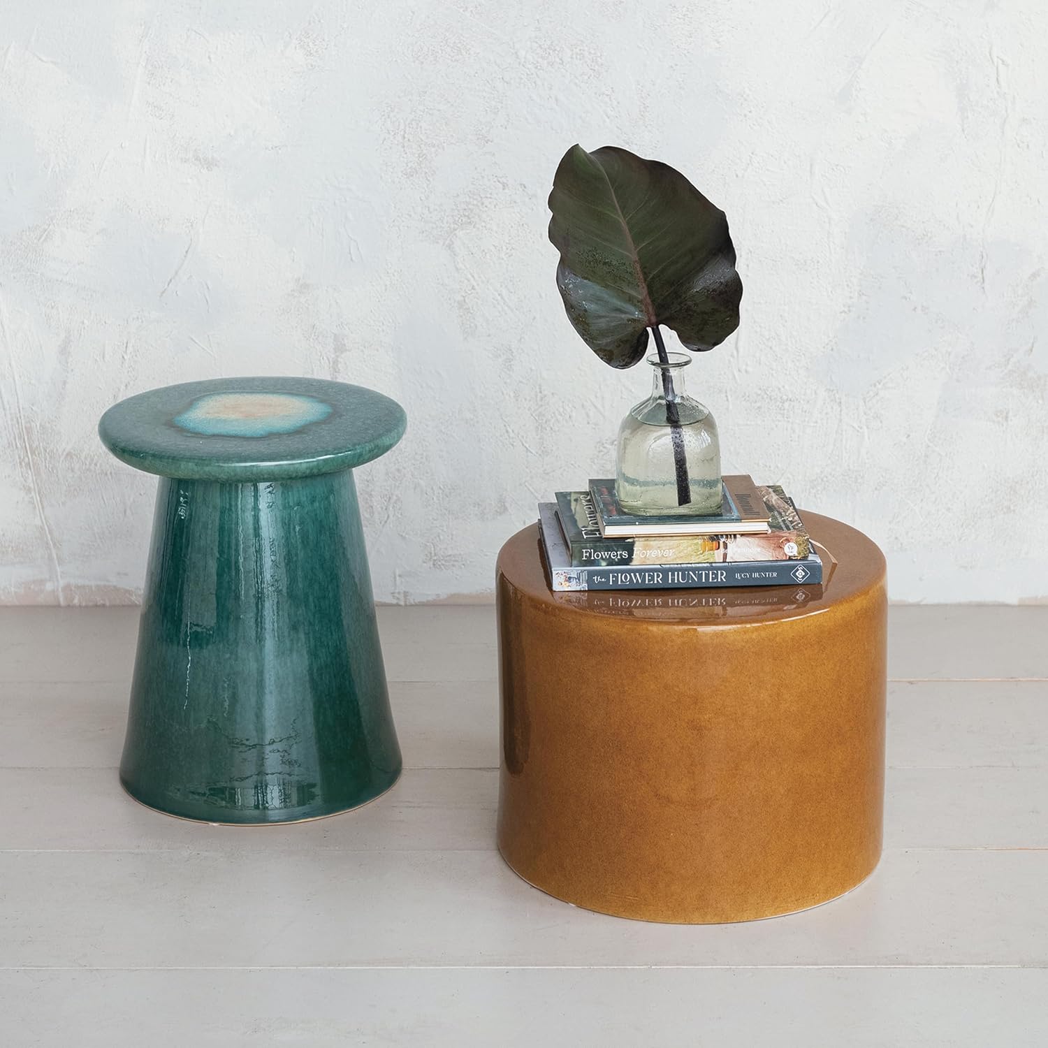 Creative CoOp Round Reactive Glaze Stoneware Stool Teal