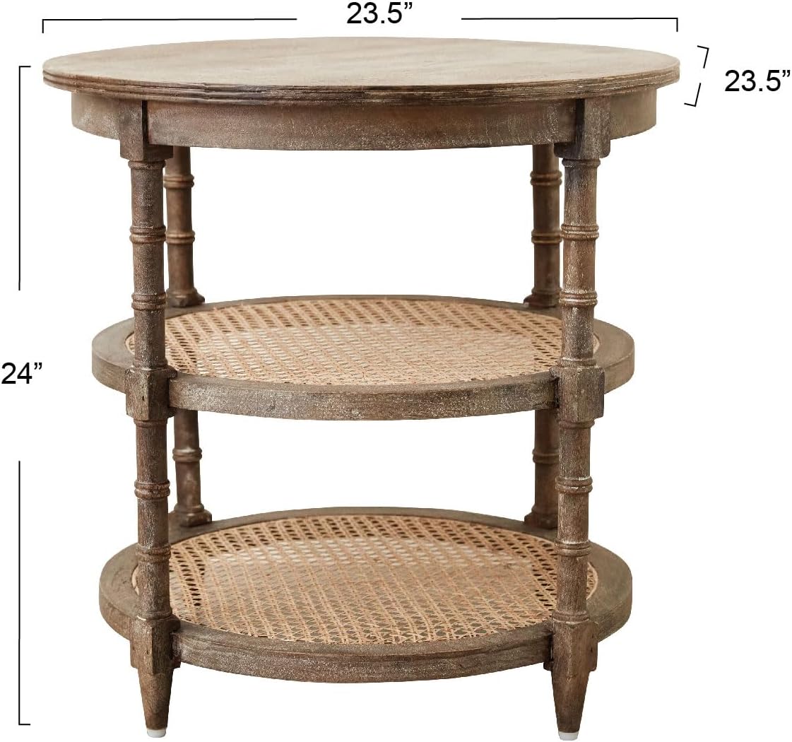Creative CoOp Round Solid Wood End Table with 2 Woven Cane Shelves Grey WashedBrown