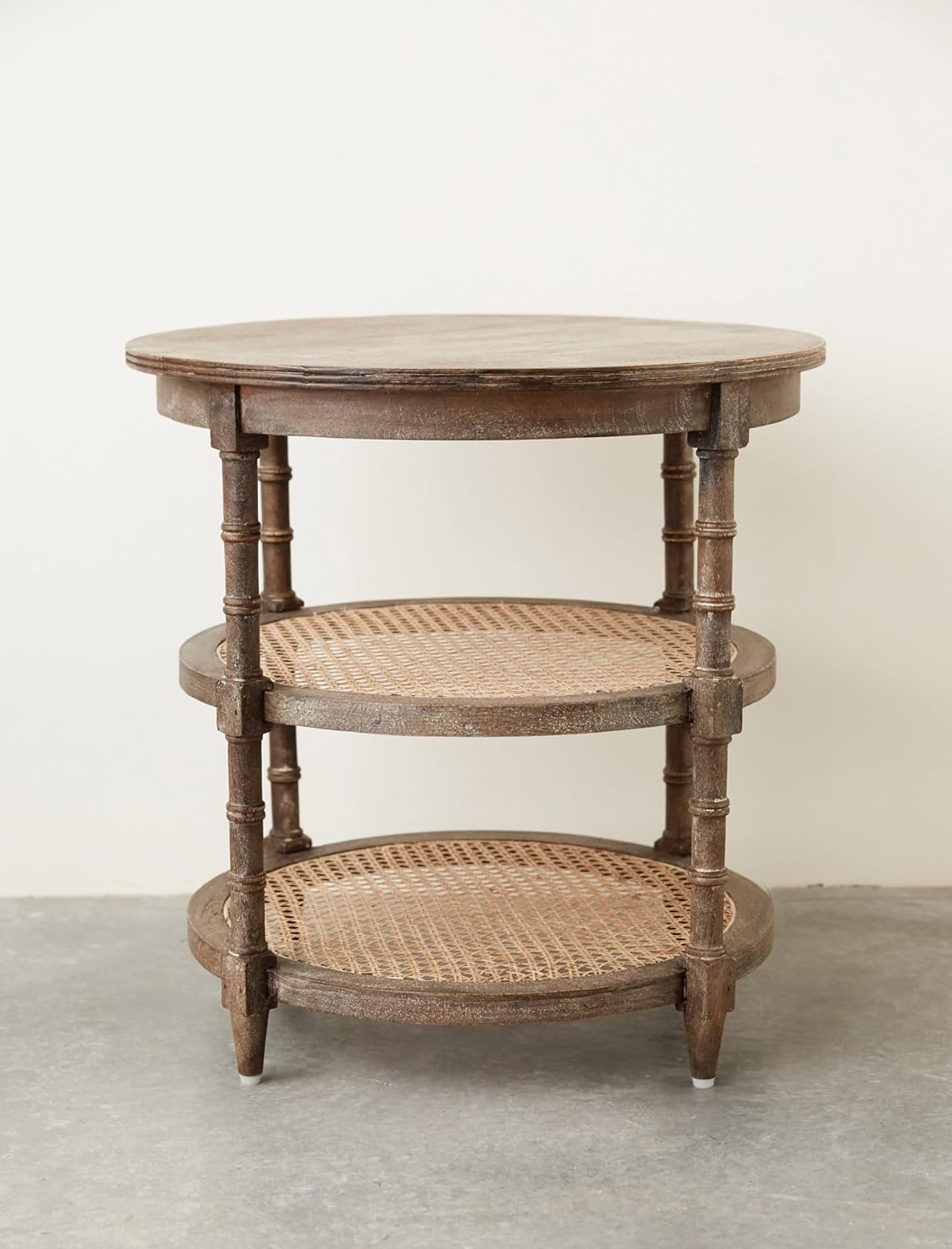 Creative CoOp Round Solid Wood End Table with 2 Woven Cane Shelves Grey WashedBrown