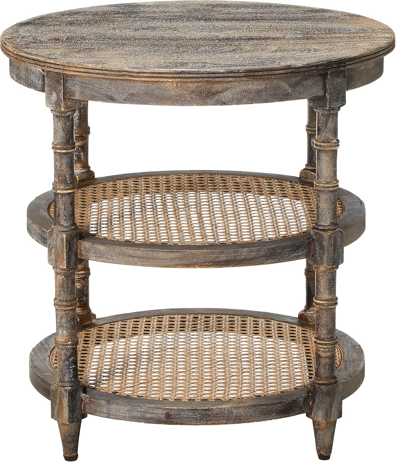 Creative CoOp Round Solid Wood End Table with 2 Woven Cane Shelves Grey WashedBrown