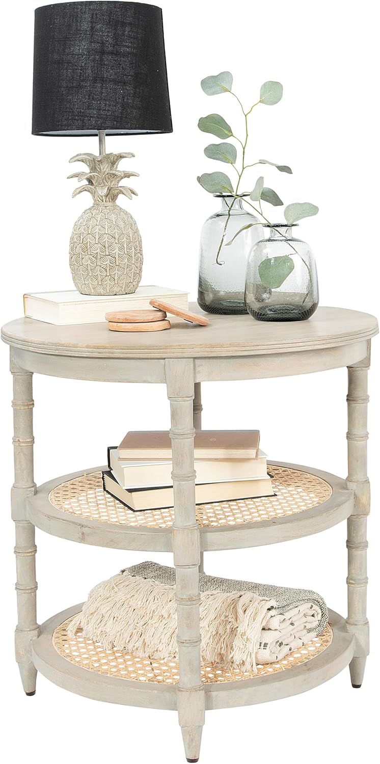 Creative CoOp Round Solid Wood End Table with 2 Woven Cane Shelves Grey WashedGrey