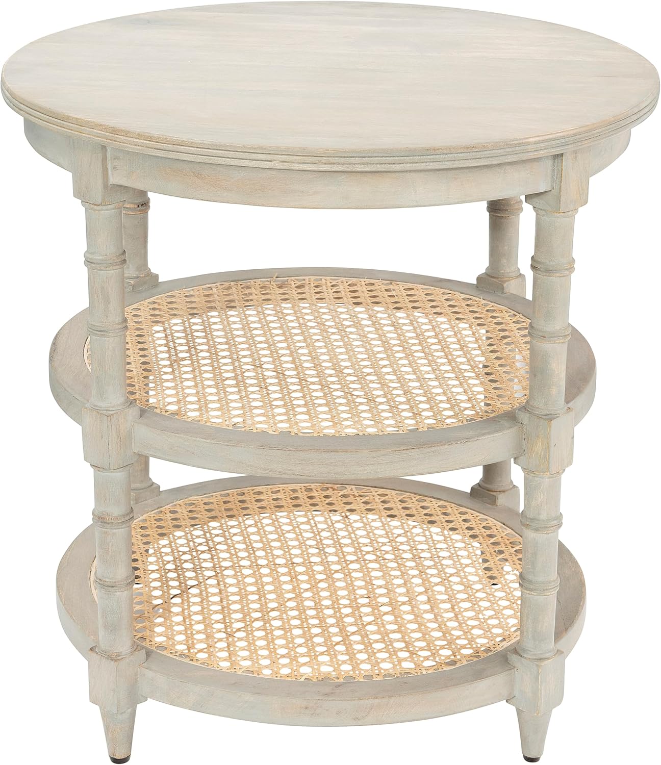 Creative CoOp Round Solid Wood End Table with 2 Woven Cane Shelves Grey WashedGrey