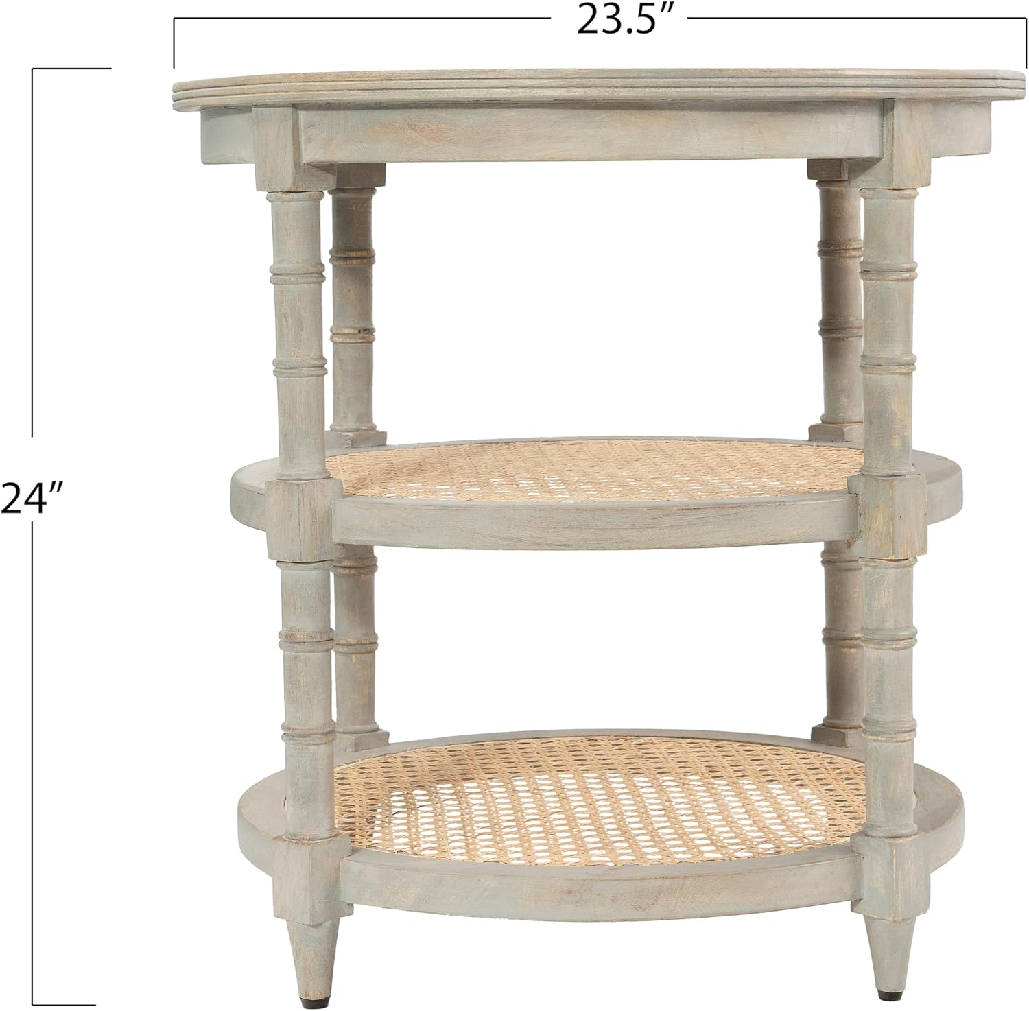 Creative CoOp Round Solid Wood End Table with 2 Woven Cane Shelves Grey WashedGrey
