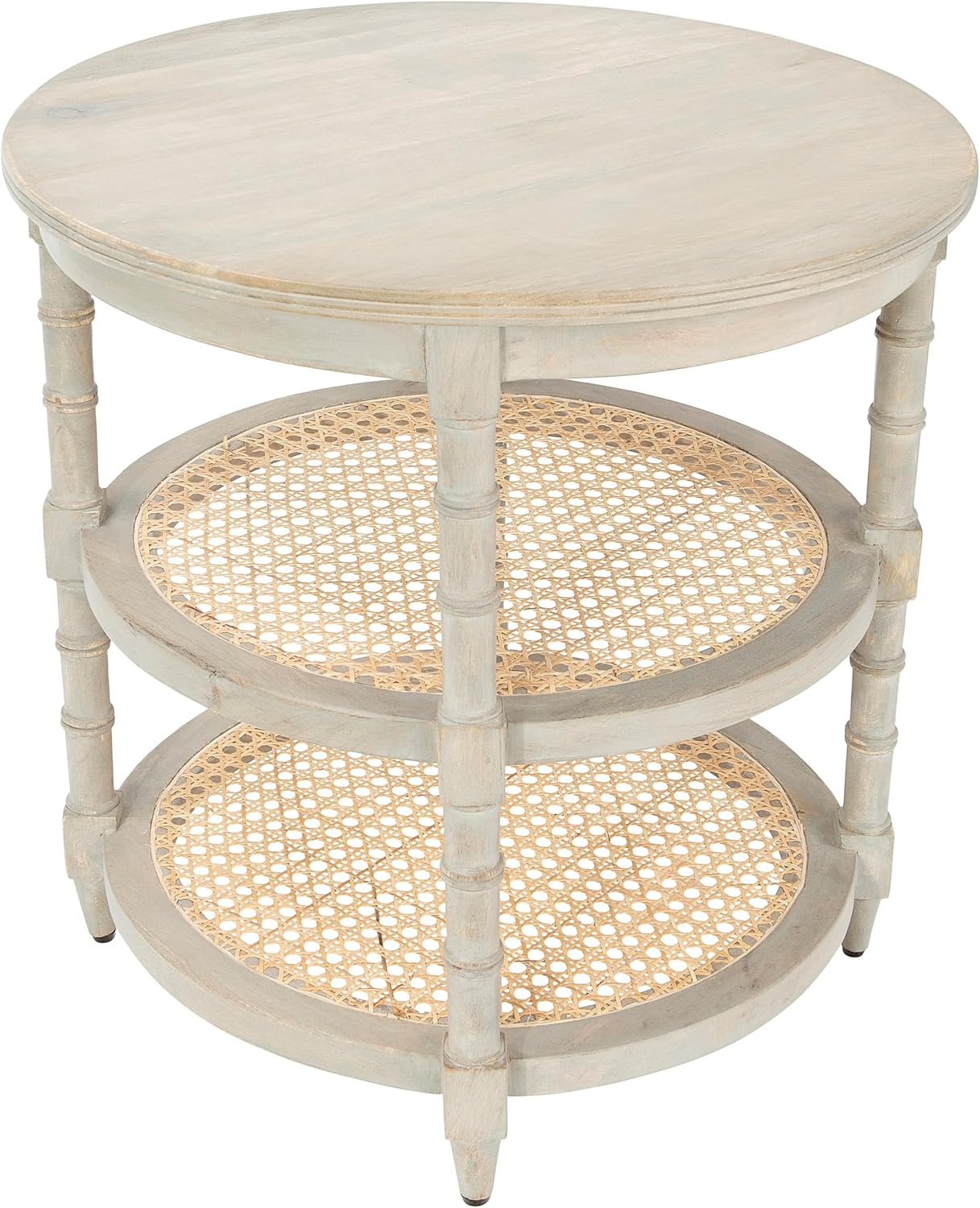 Creative CoOp Round Solid Wood End Table with 2 Woven Cane Shelves Grey WashedGrey