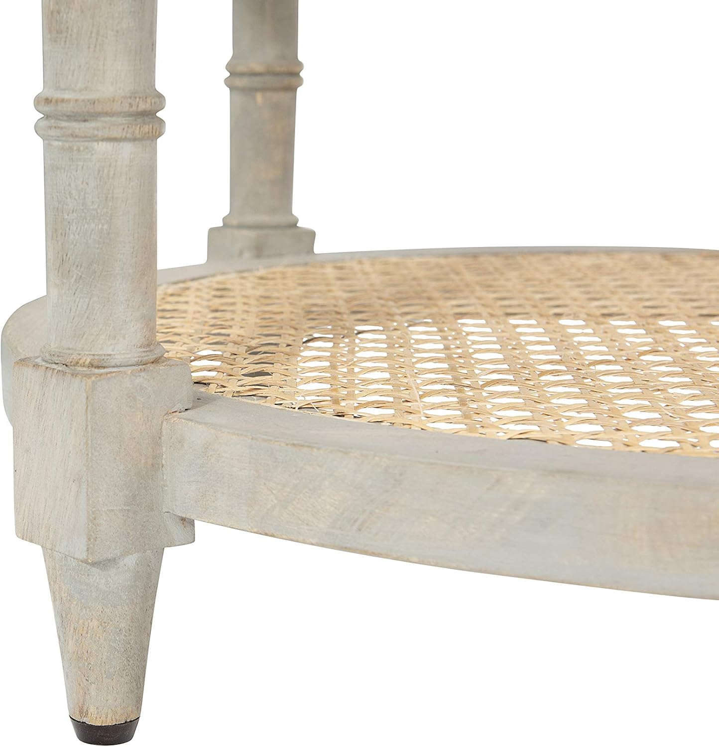 Creative CoOp Round Solid Wood End Table with 2 Woven Cane Shelves Grey WashedGrey