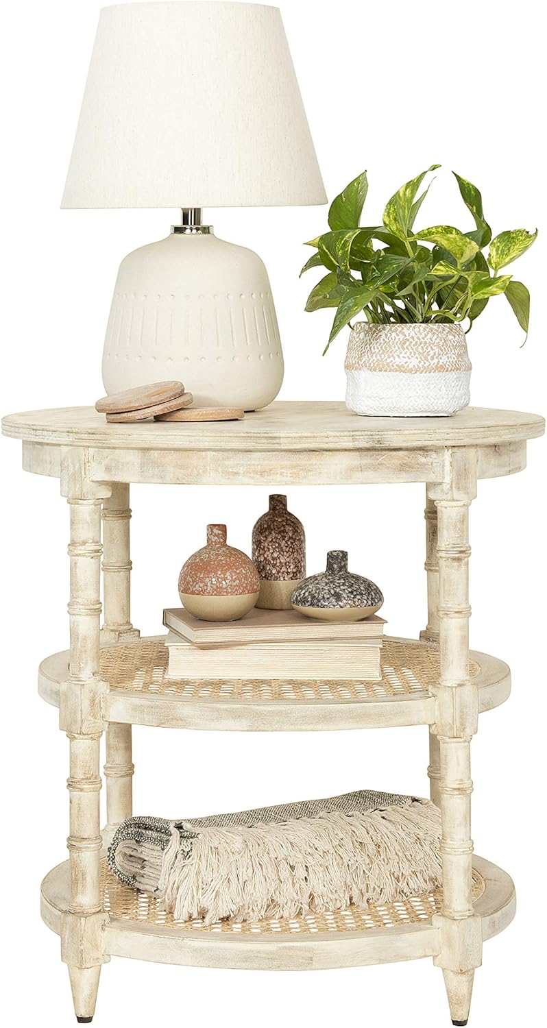 Creative CoOp Round Solid Wood End Table with 2 Woven Cane Shelves Grey WashedTanBeige
