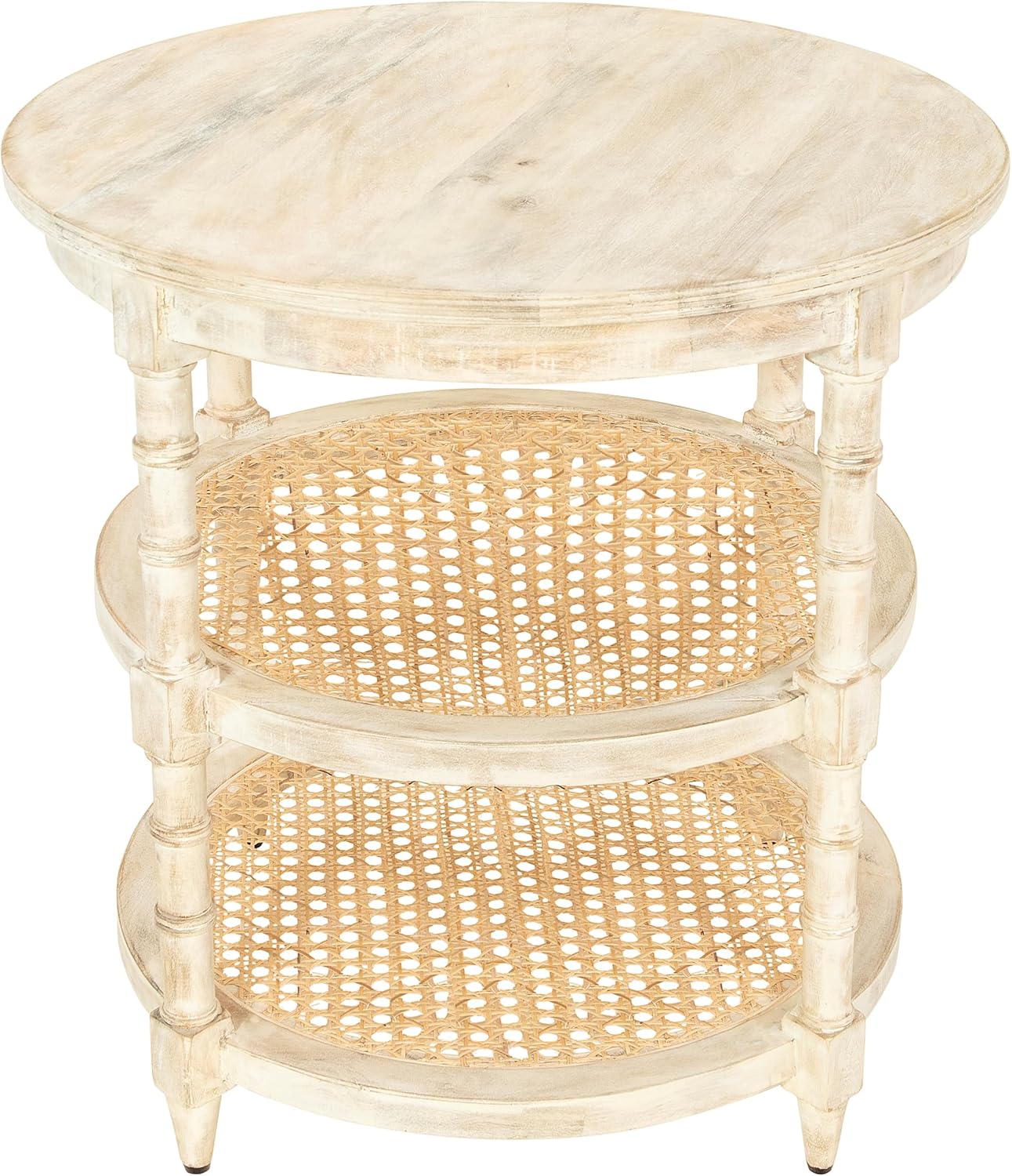 Creative CoOp Round Solid Wood End Table with 2 Woven Cane Shelves Grey WashedTanBeige