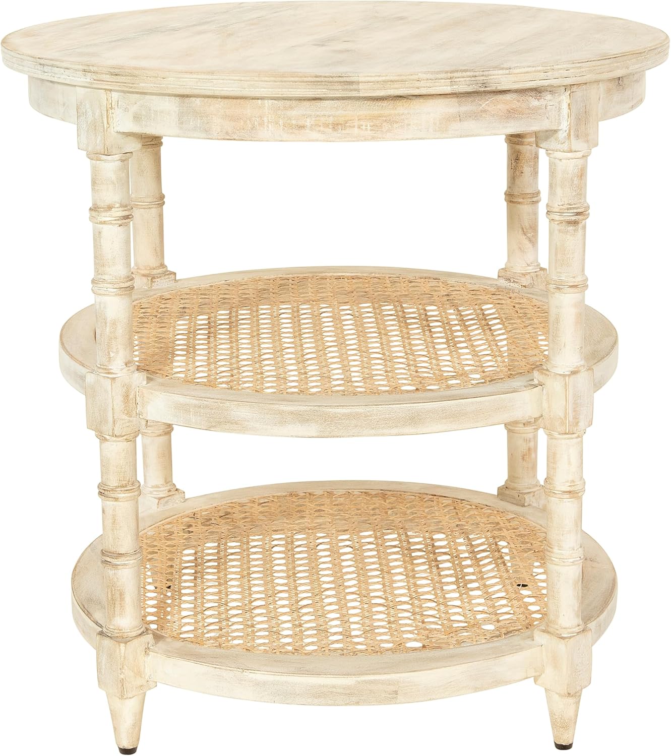 Creative CoOp Round Solid Wood End Table with 2 Woven Cane Shelves Grey WashedTanBeige
