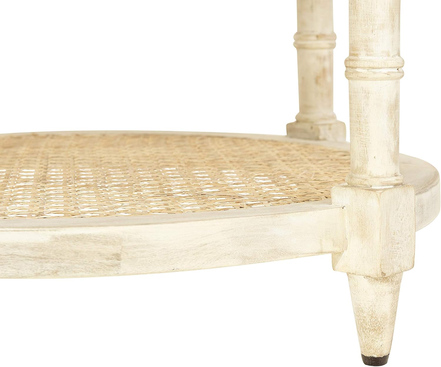 Creative CoOp Round Solid Wood End Table with 2 Woven Cane Shelves Grey WashedTanBeige
