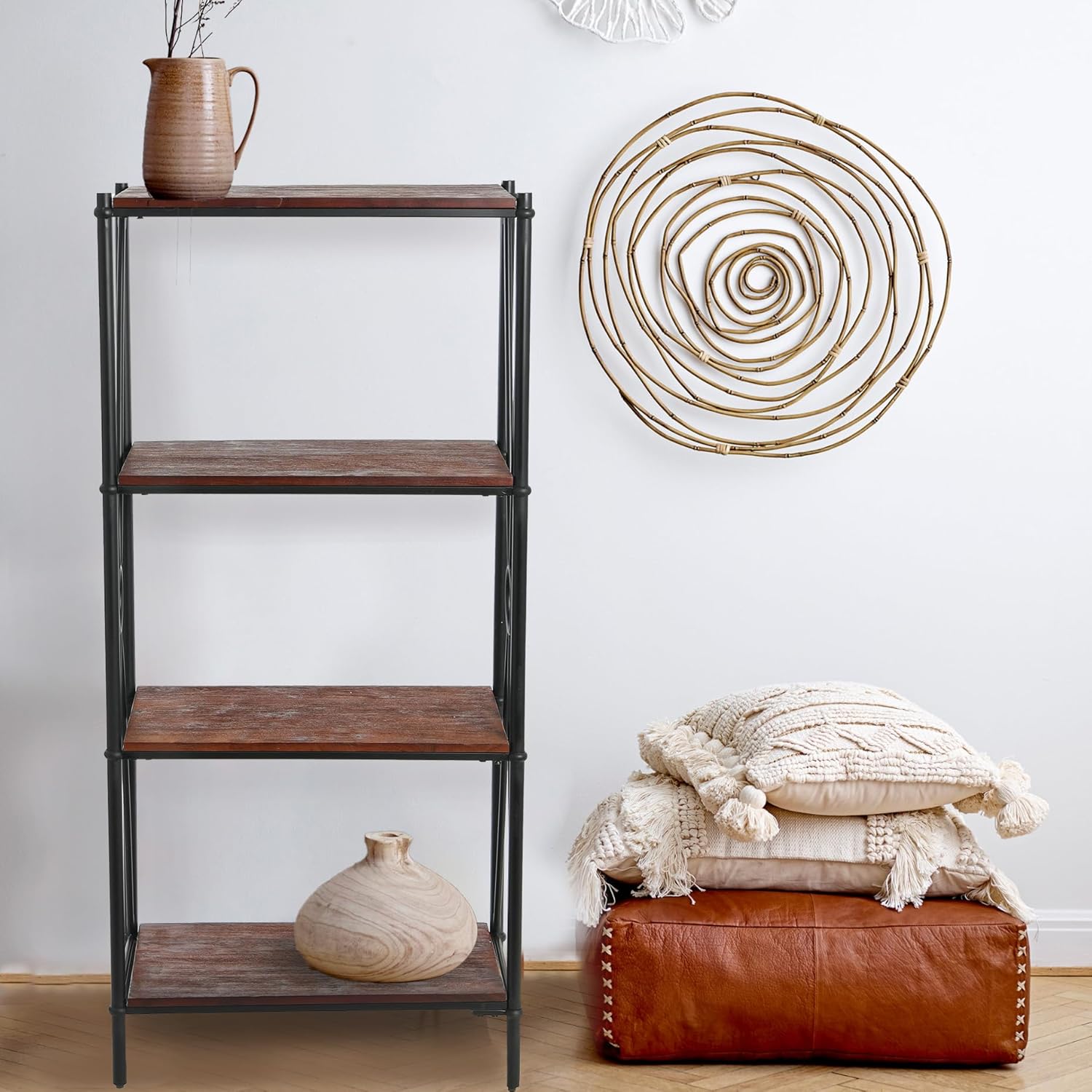 Creative CoOp Saratoga Rustic Solid Wood and Metal 4 Shelf Open Storage BookshelfChestnut Finish