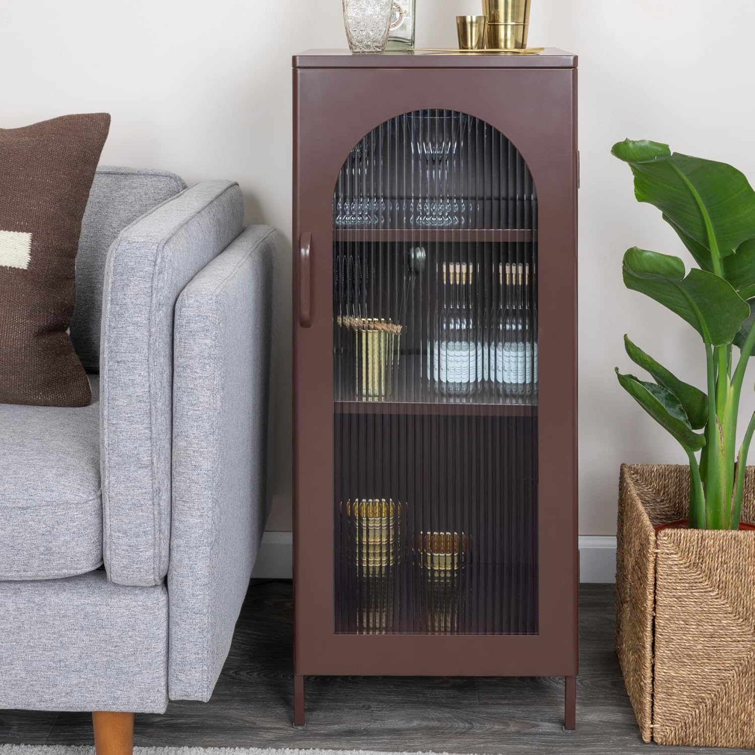 Creative CoOp Solstice Metal Cabinet with 2 Arched Glass Doors Dark GreenBrown