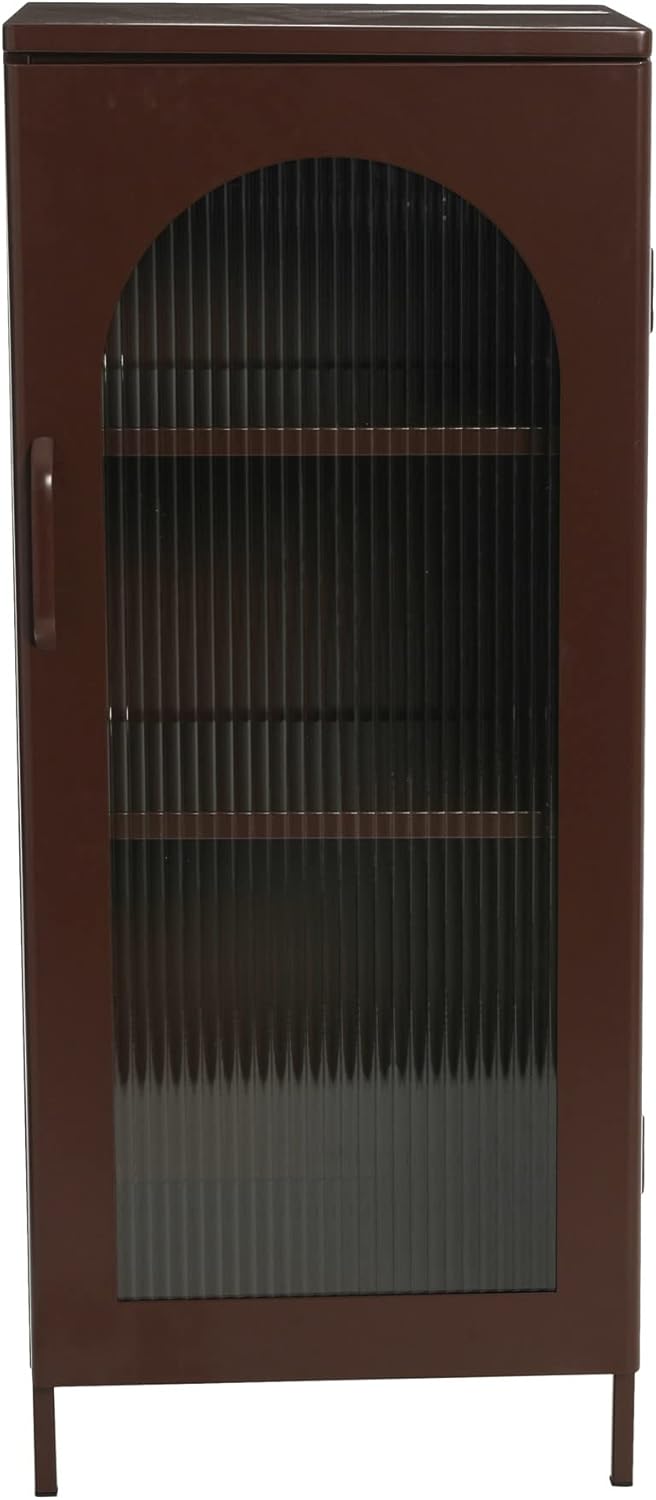 Creative CoOp Solstice Metal Cabinet with 2 Arched Glass Doors Dark GreenBrown