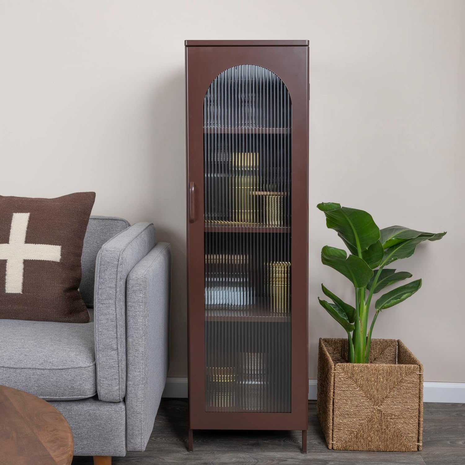 Creative CoOp Solstice Metal Cabinet with 2 Arched Glass Doors Dark GreenBrown