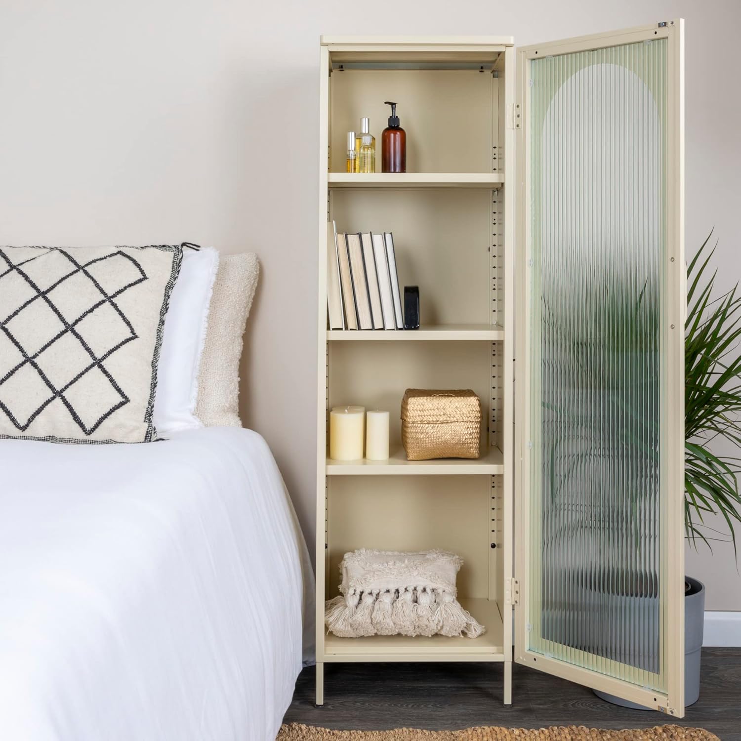 Creative CoOp Solstice Metal Cabinet with 2 Arched Glass Doors Dark GreenCream