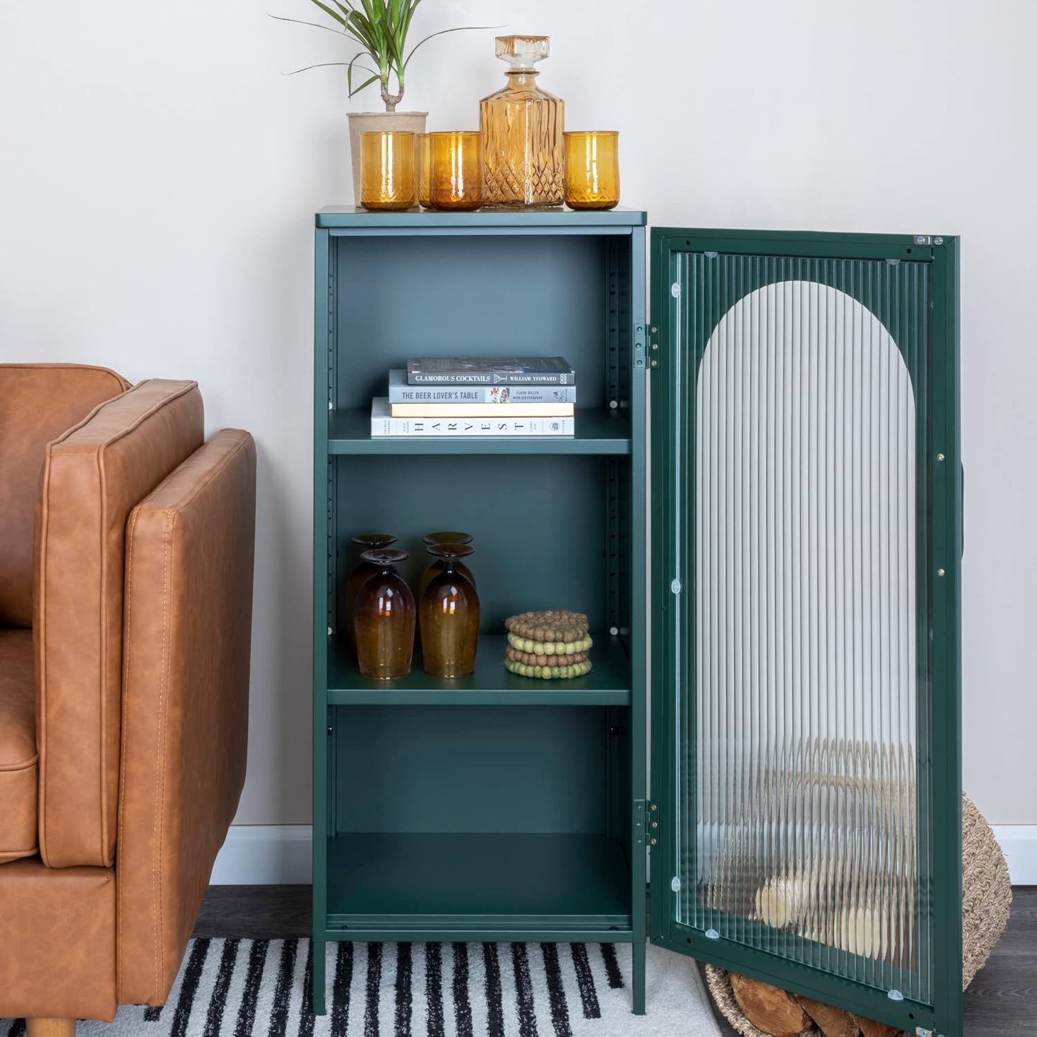 Creative CoOp Solstice Metal Cabinet with 2 Arched Glass Doors Dark GreenGreen