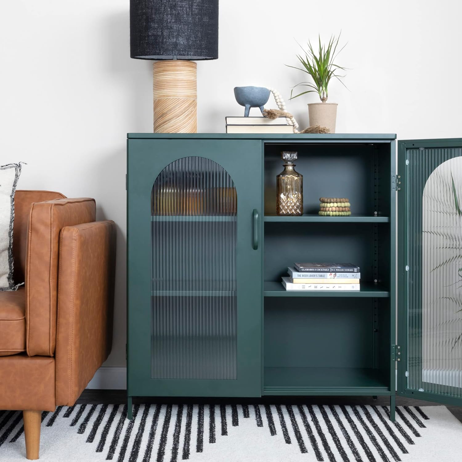 Creative CoOp Solstice Metal Cabinet with 2 Arched Glass Doors Dark GreenGreen