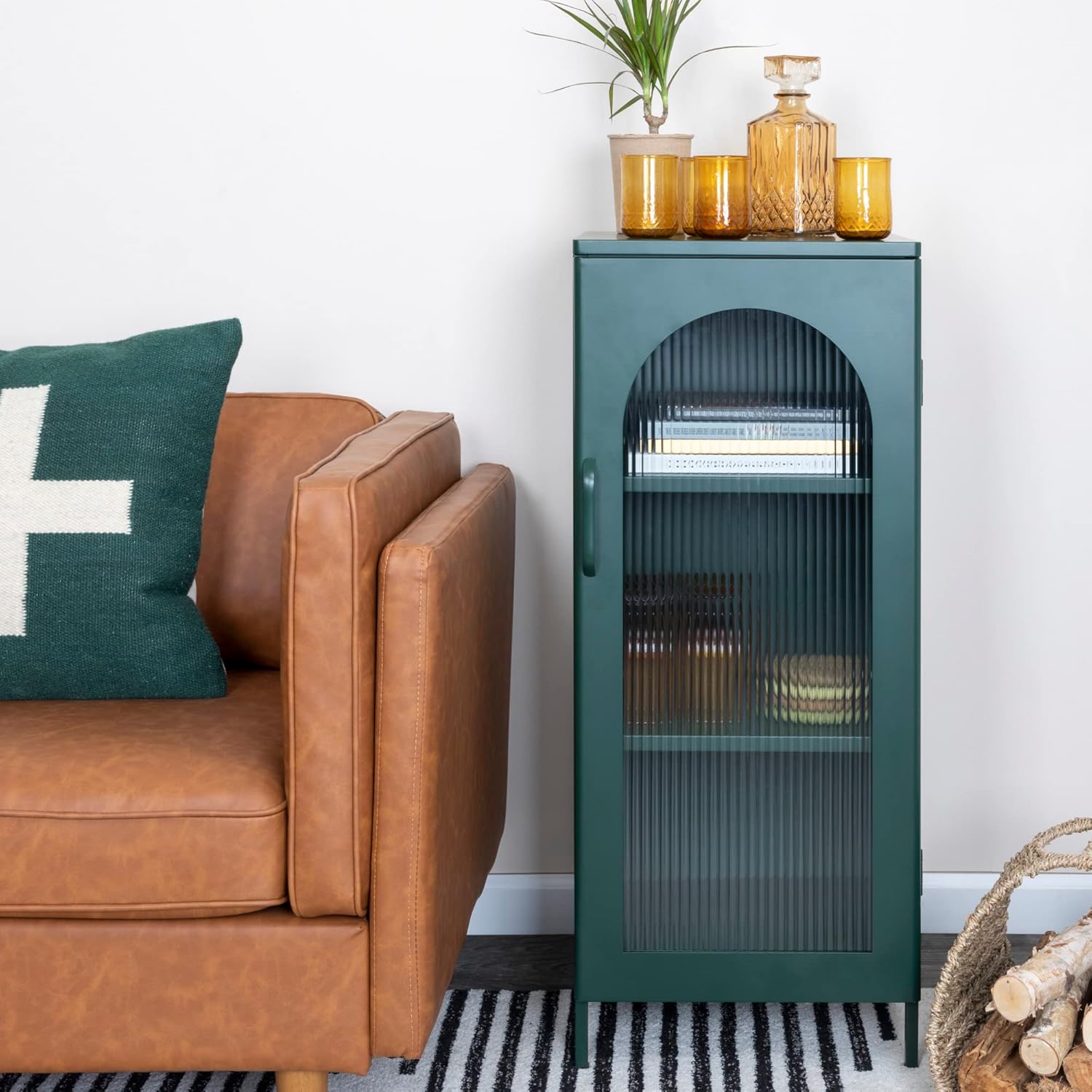Creative CoOp Solstice Metal Cabinet with 2 Arched Glass Doors Dark GreenGreen