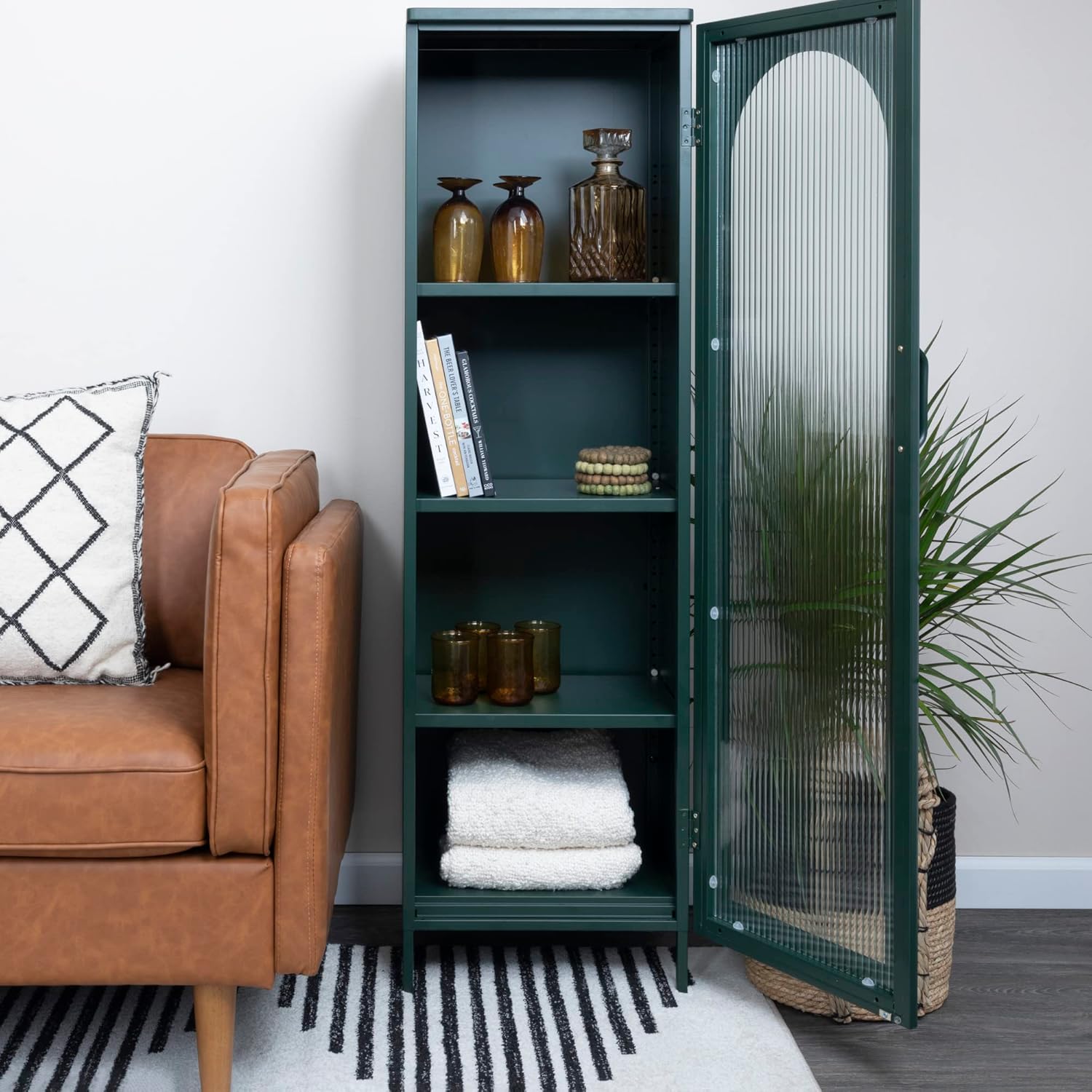 Creative CoOp Solstice Metal Cabinet with 2 Arched Glass Doors Dark GreenGreen