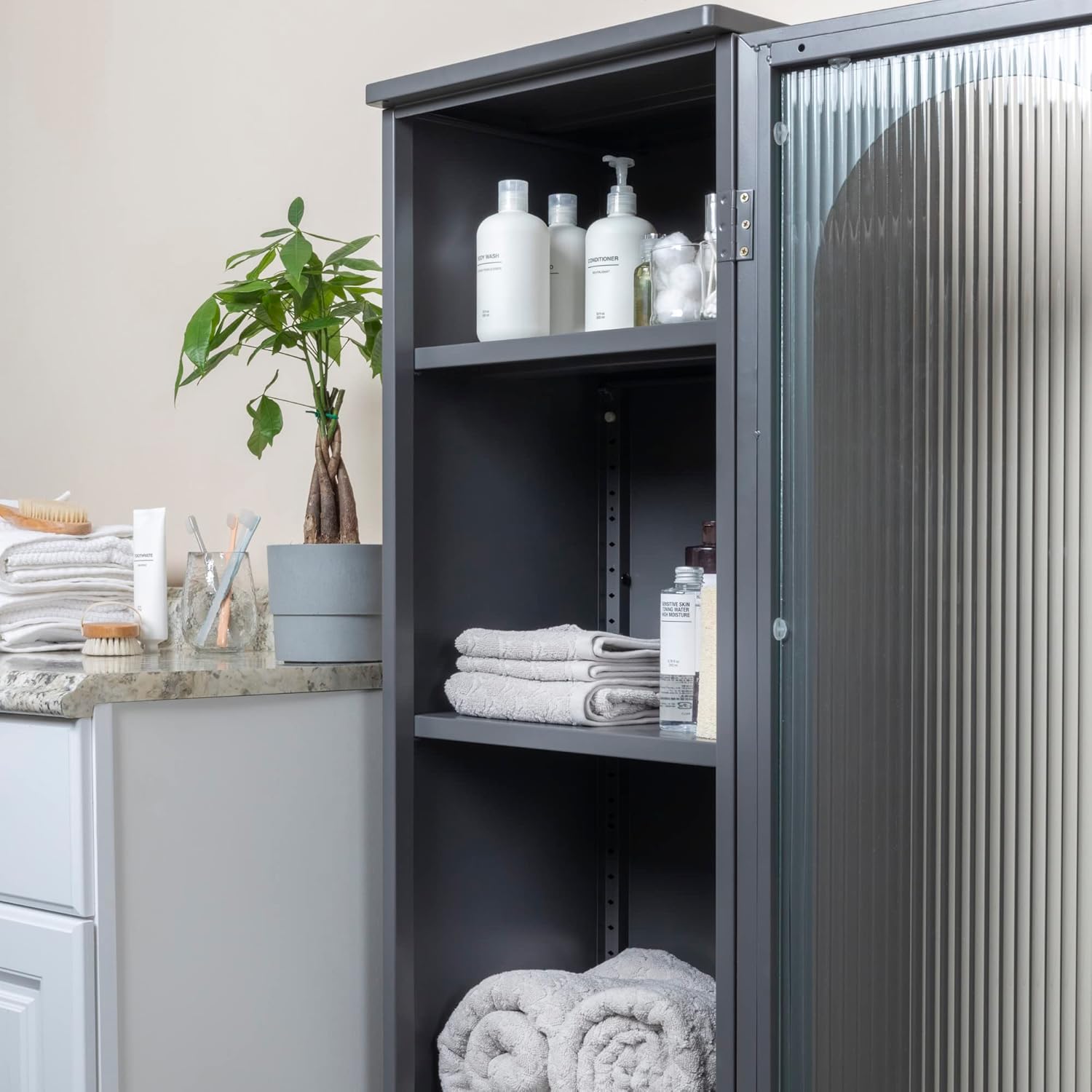 Creative CoOp Solstice Metal Cabinet with 2 Arched Glass Doors Dark GreenGrey