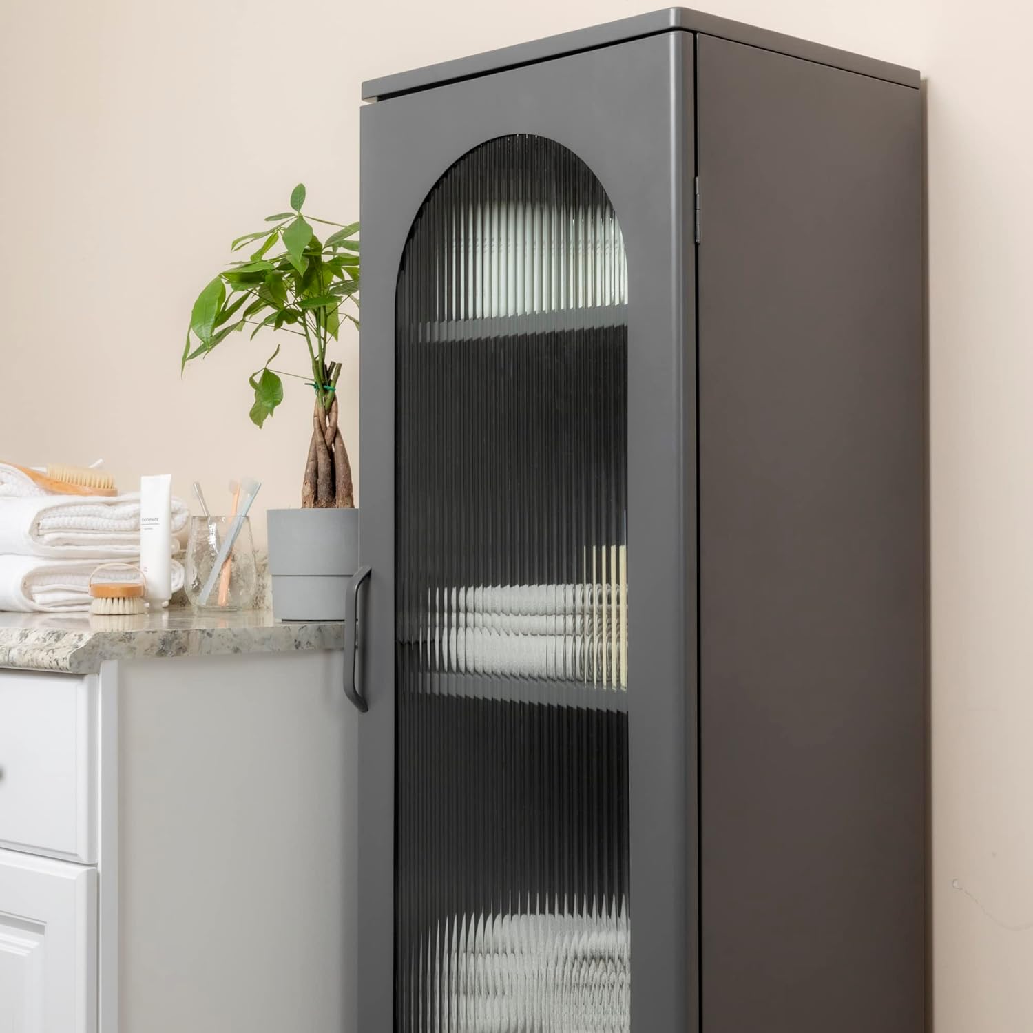 Creative CoOp Solstice Metal Cabinet with 2 Arched Glass Doors Dark GreenGrey