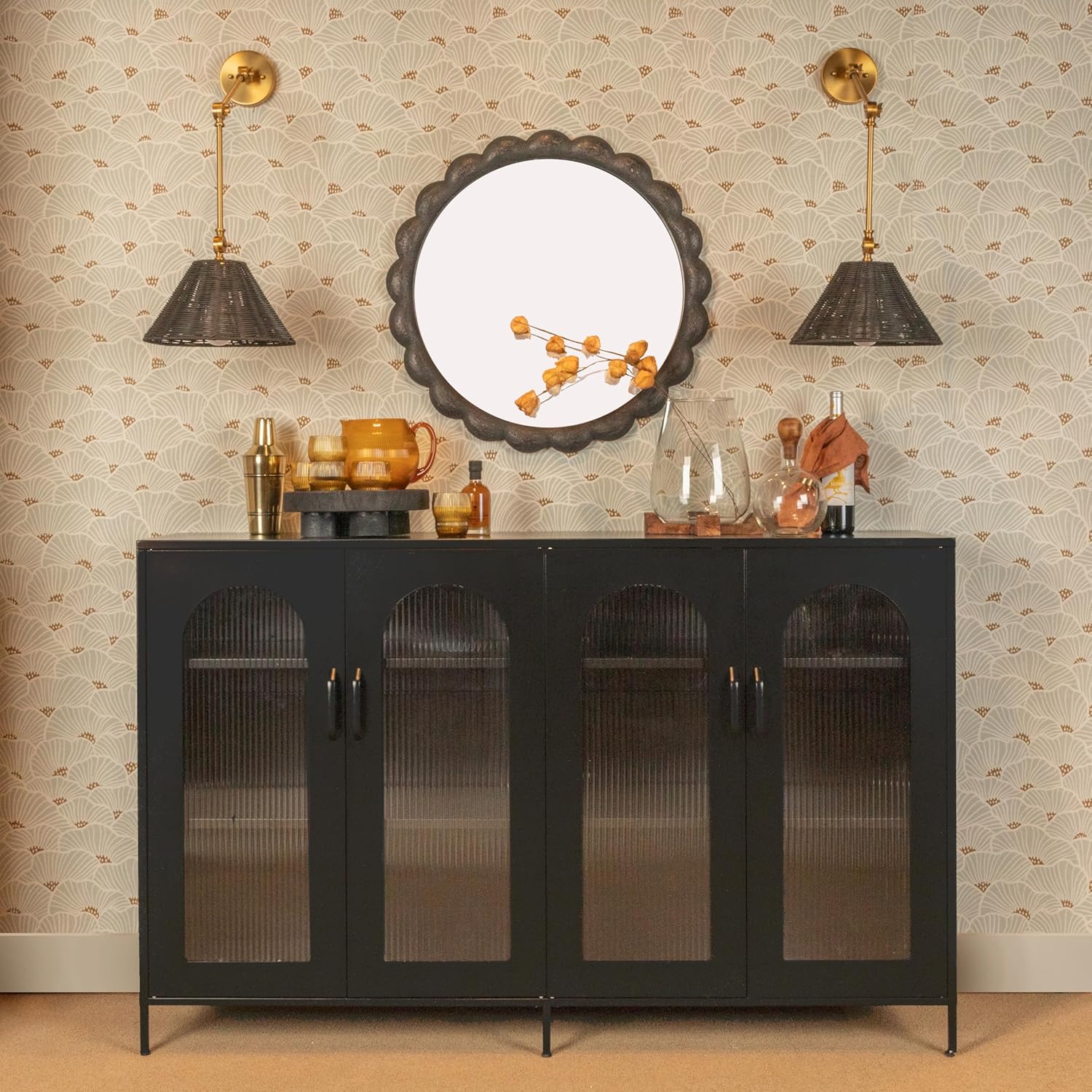 Creative CoOp Solstice Metal Cabinet with 2 Arched Glass Doors Dark GreenMatte Black