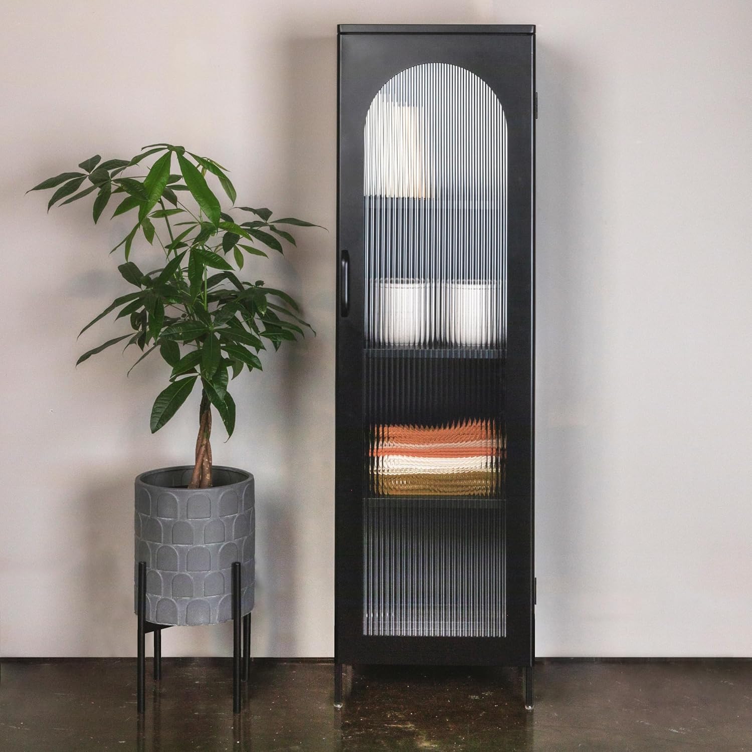 Creative CoOp Solstice Metal Cabinet with 2 Arched Glass Doors Dark GreenMatte Black