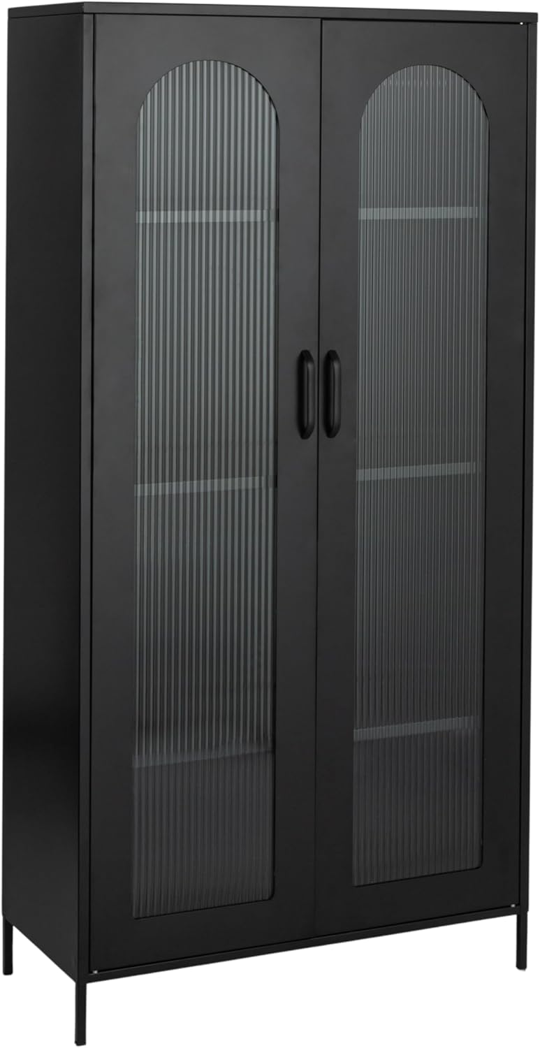 Creative CoOp Solstice Metal Cabinet with 2 Arched Glass Doors Dark GreenMatte Black