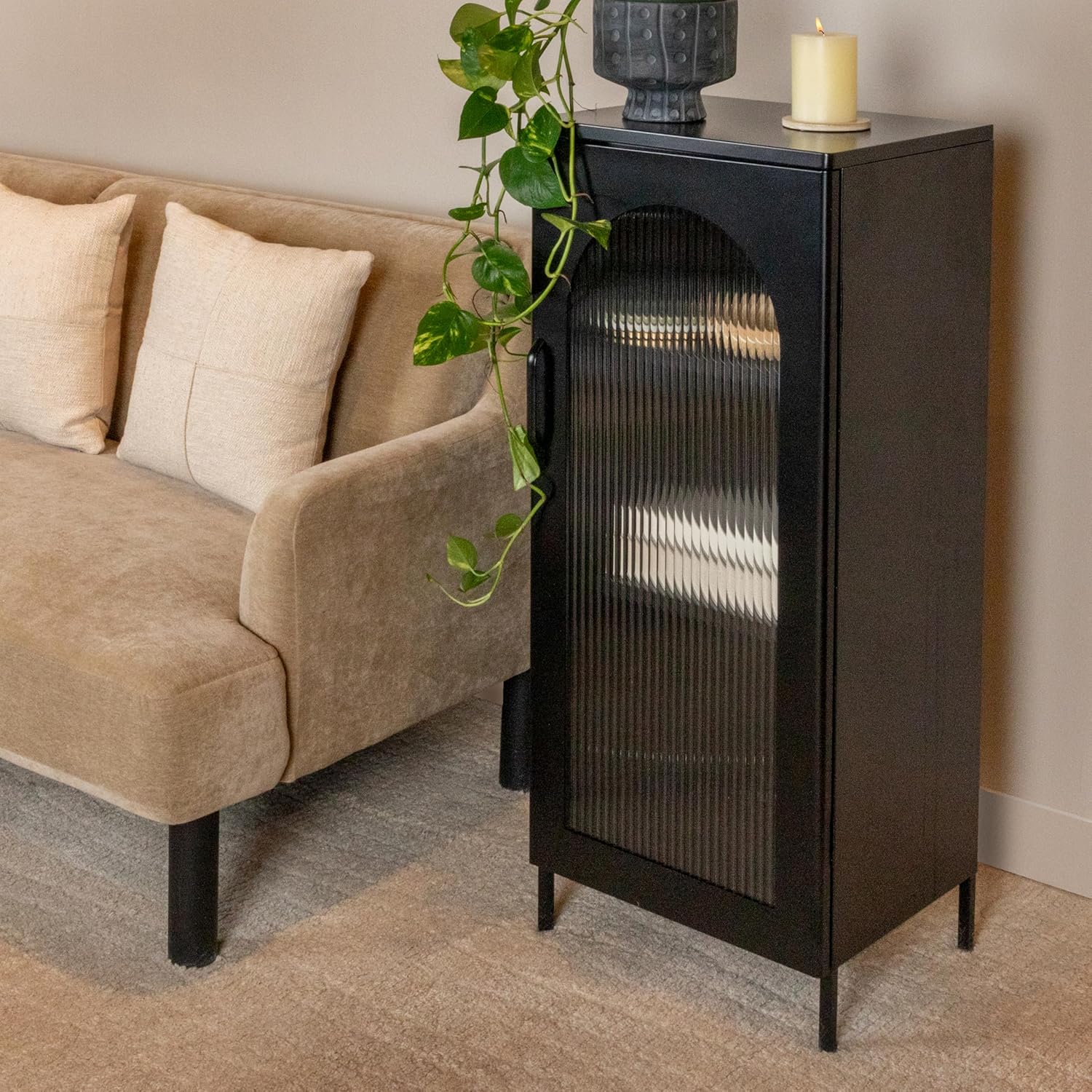 Creative CoOp Solstice Metal Cabinet with 2 Arched Glass Doors Dark GreenMatte Black