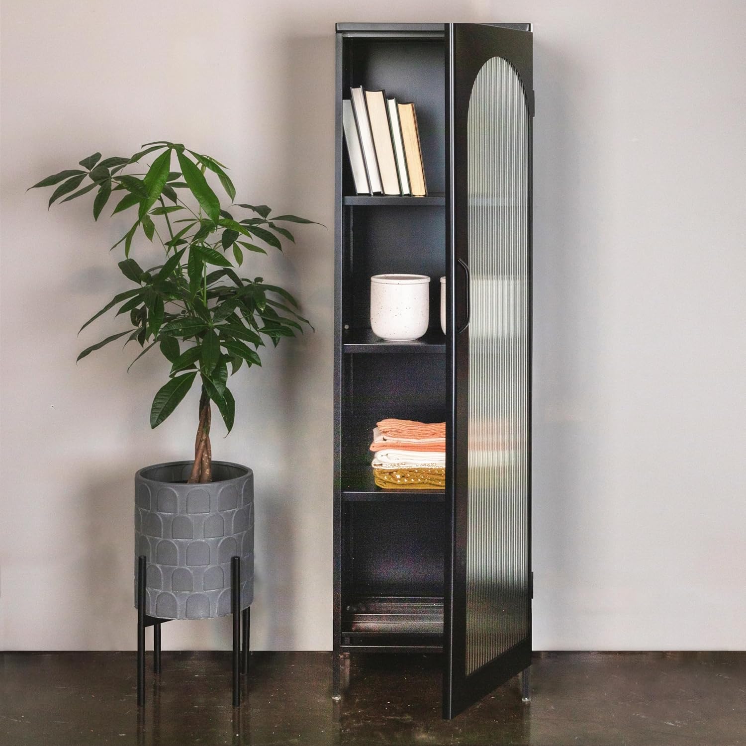 Creative CoOp Solstice Metal Cabinet with 2 Arched Glass Doors Dark GreenMatte Black
