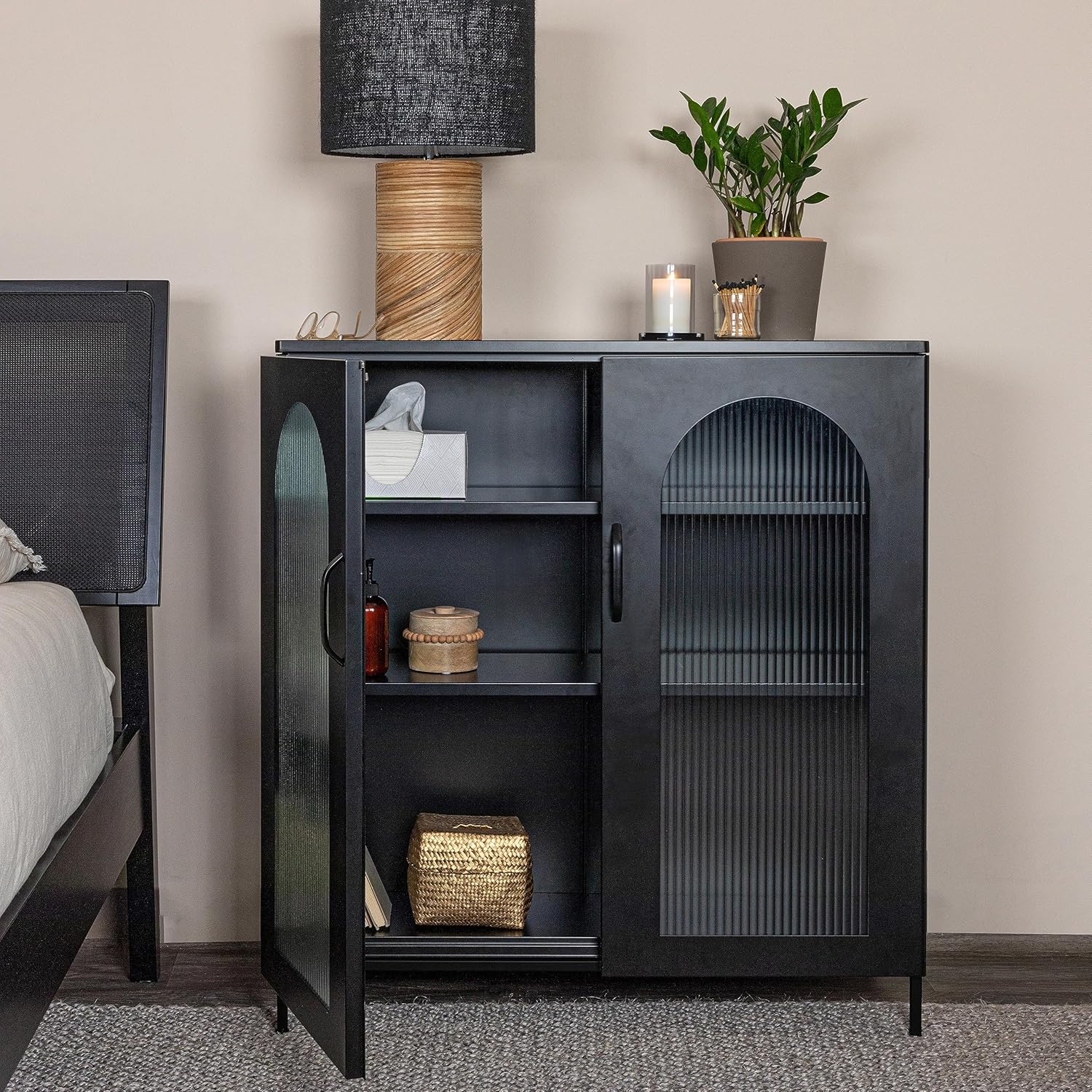 Creative CoOp Solstice Metal Cabinet with 2 Arched Glass Doors Dark GreenMatte Black