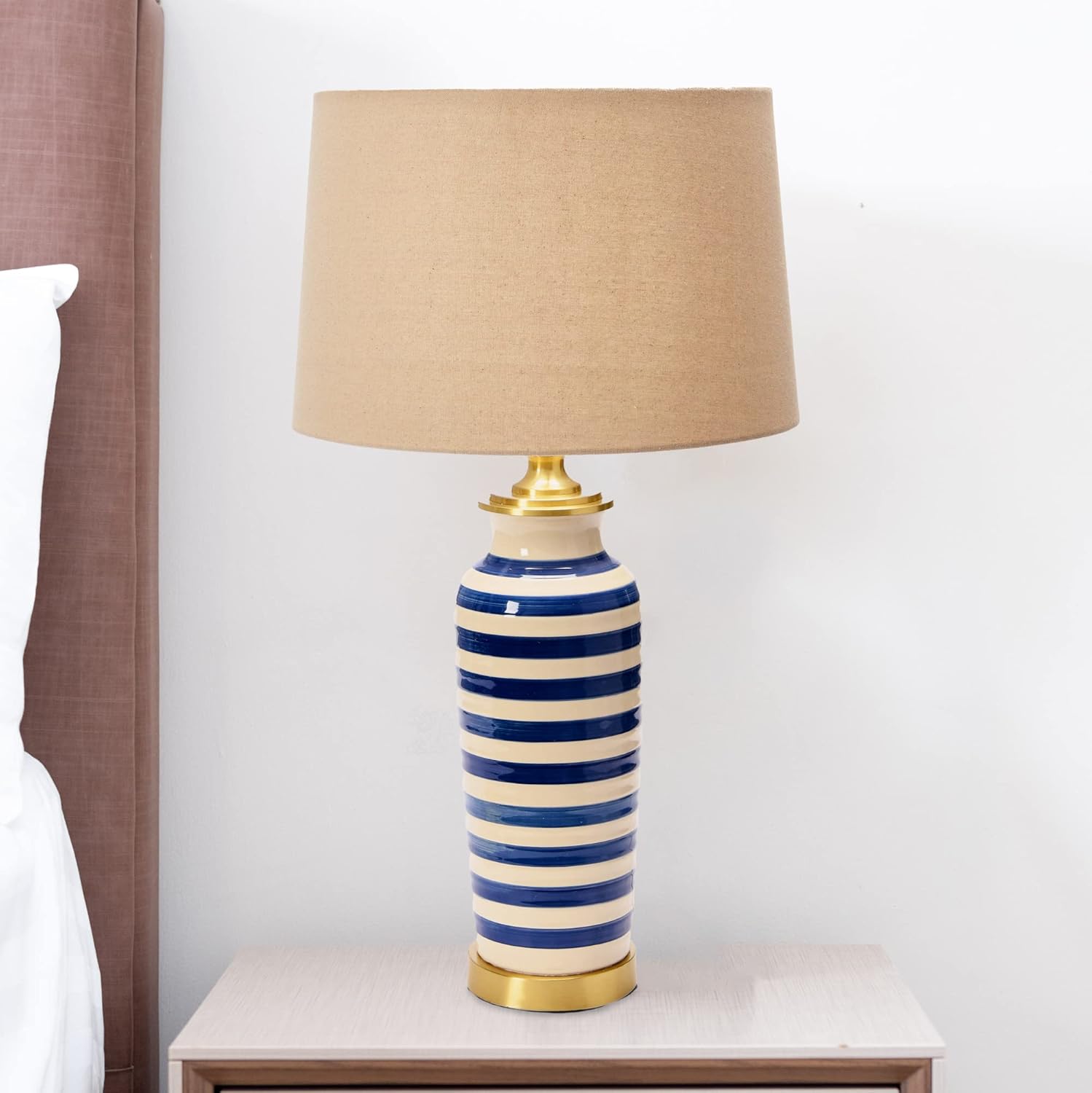 Creative CoOp Striped Ceramic Table Lamp with Brushed Gold Accents Black and WhiteBlue Stripe