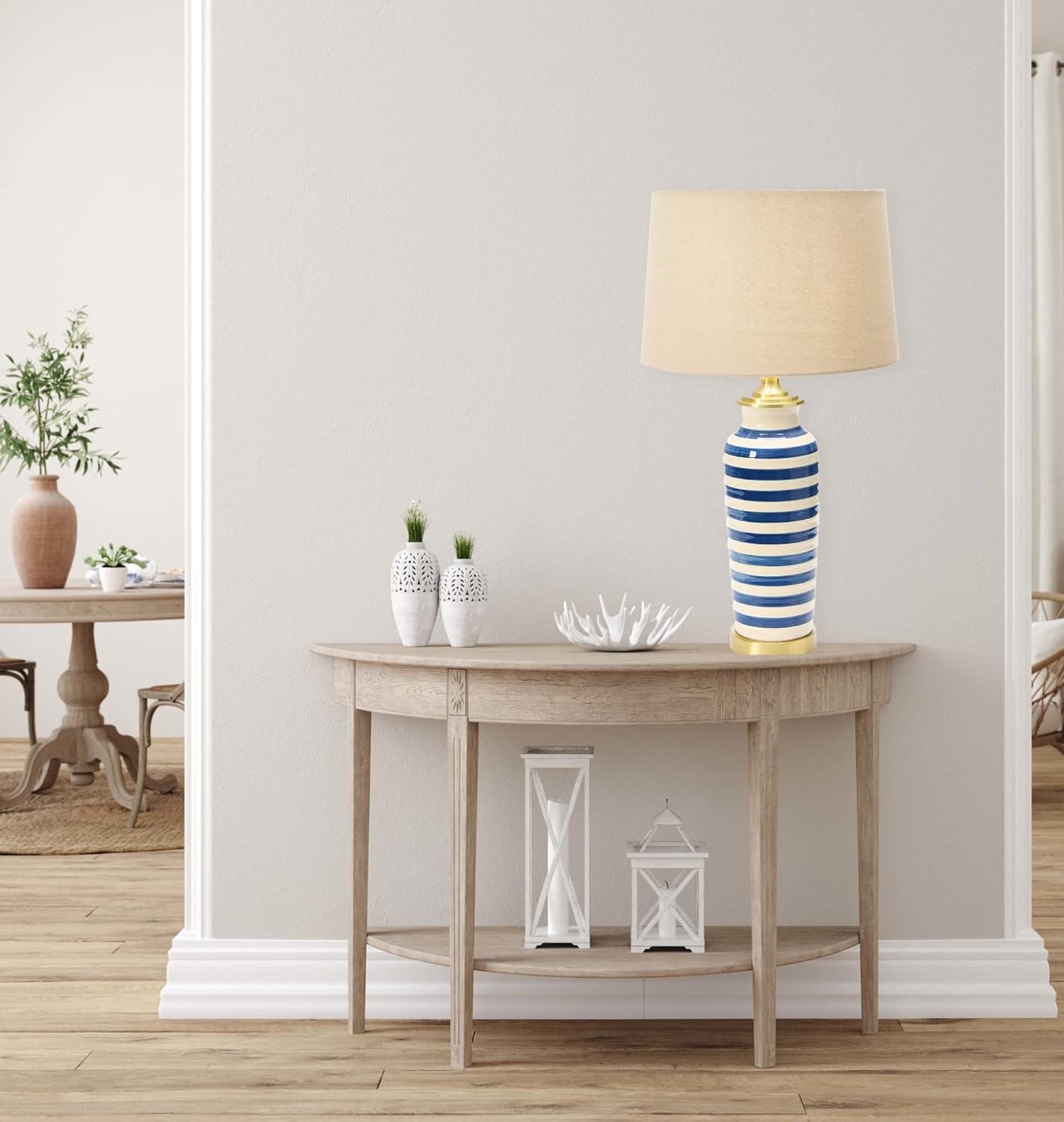 Creative CoOp Striped Ceramic Table Lamp with Brushed Gold Accents Black and WhiteBlue Stripe