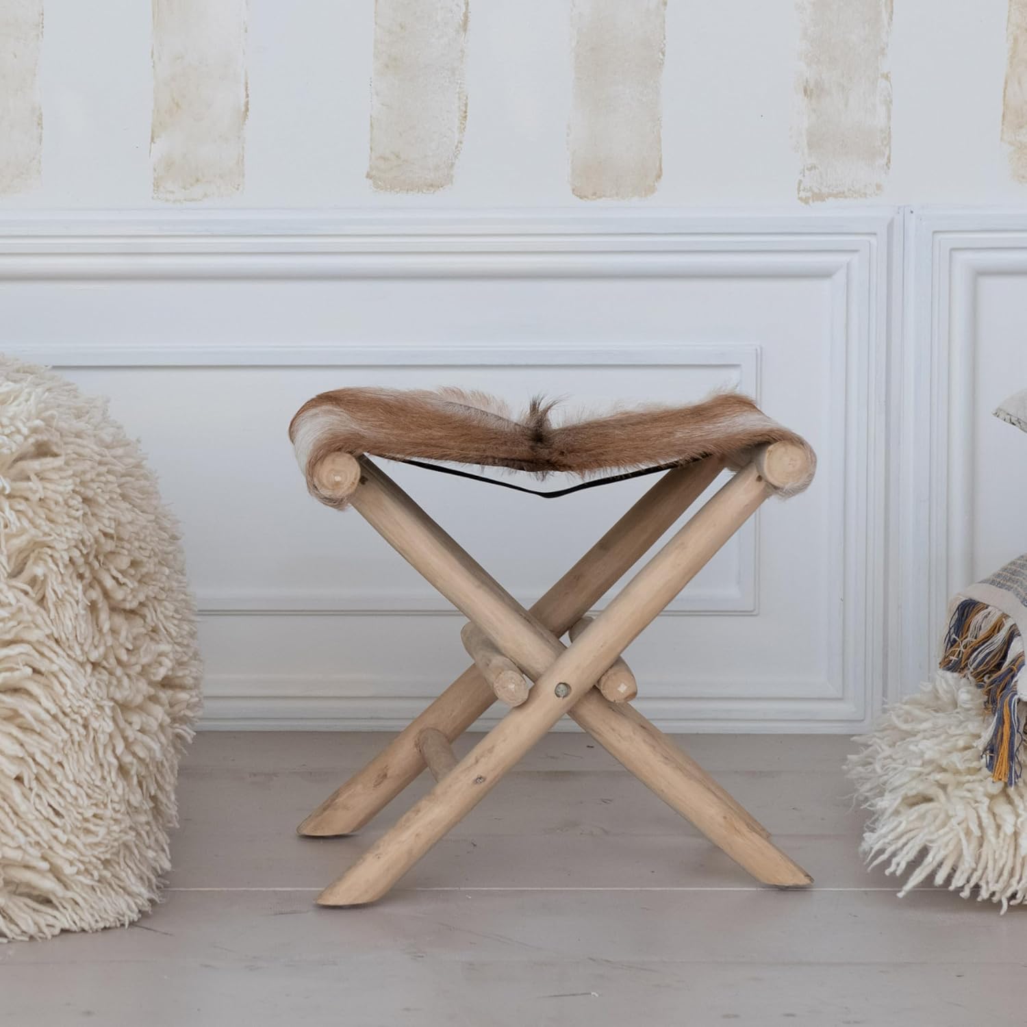 Creative CoOp Teakwood and Goat Fur Folding Stool Natural