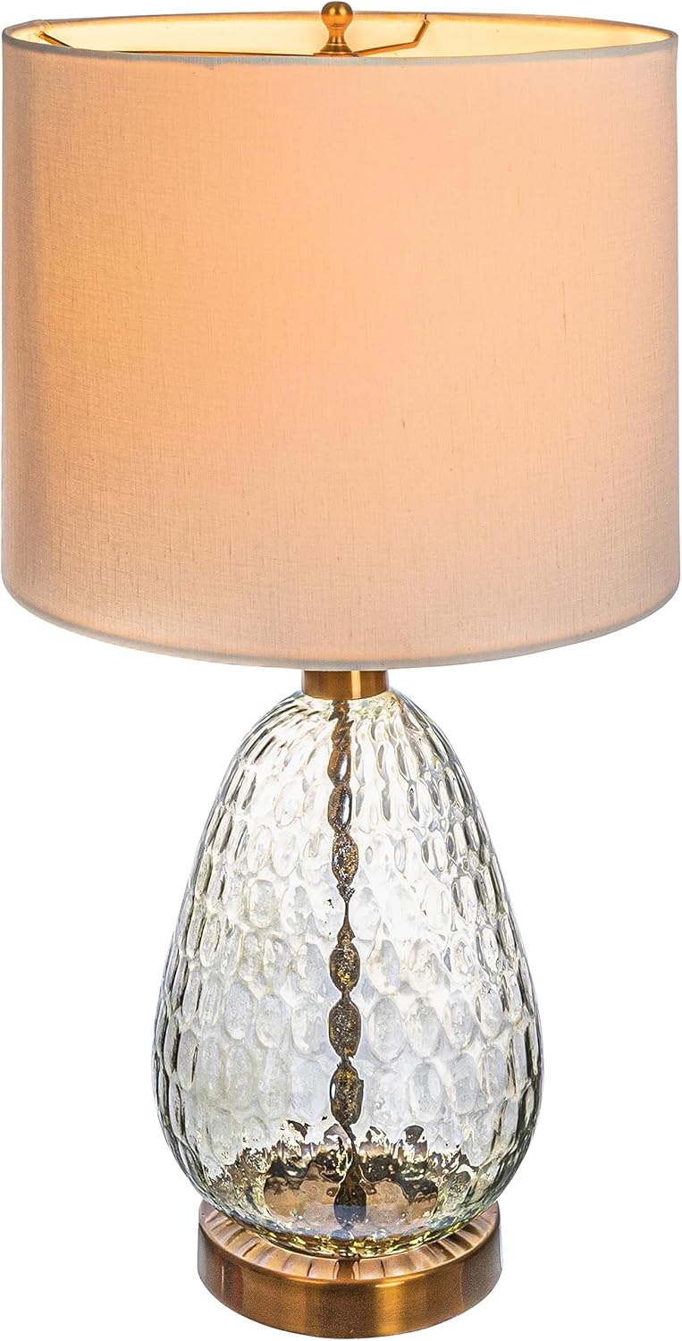 Creative CoOp Textured Glass Base Table Lamp with Cotton Drum Shade White