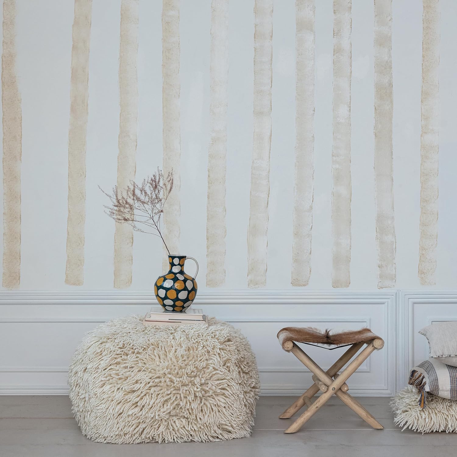 Creative CoOp Woven New Zealand Wool Shag and Cotton Pouf White