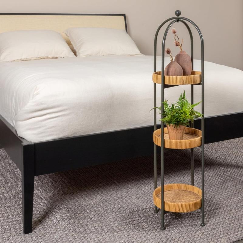 Creative CoOp Arched Metal Plant Stand or Shelf with 3 Round Removable Rattan Trays Natural and WhiteBlack