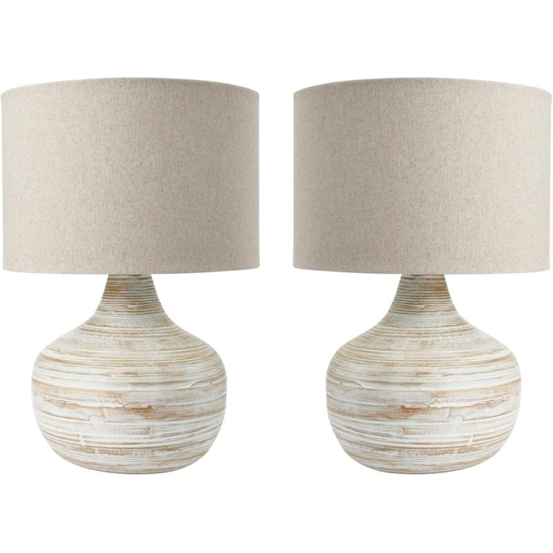 Creative CoOp Boho Bamboo Linen Shade Set of 2 White Wash Finish Table Lamp